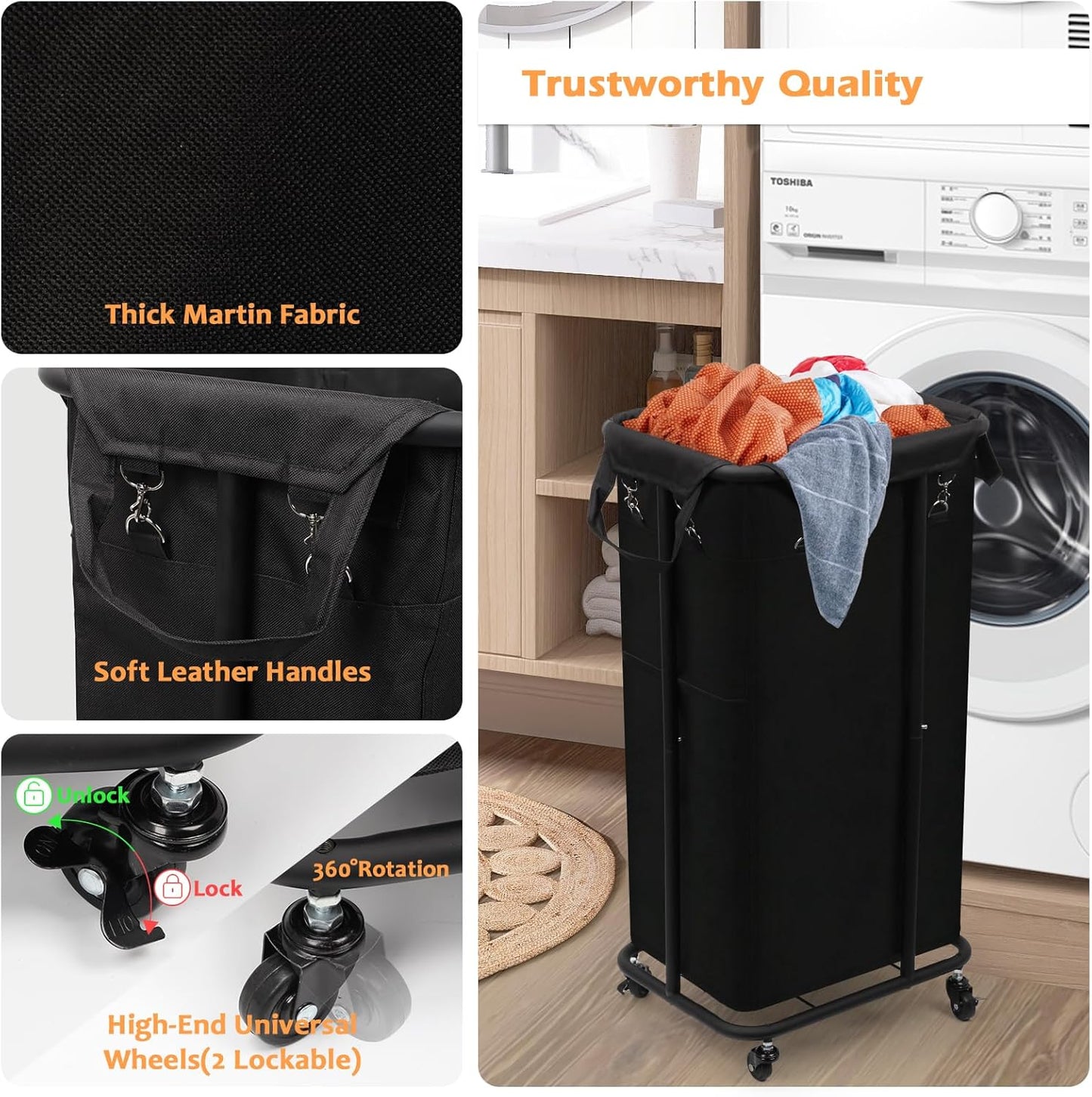 Longzhuo 47.55 Gal(180L) Rolling Laundry Basket With Wheels, Laundry Hamper With Wheels, Metal Wheeled Laundry Basket for Laundry, Hotel, Bedroom & Laundry Room Organization, Black
