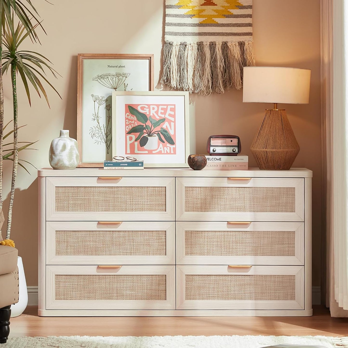 LEYAOYAO Rattan 6 Drawer Dresser for Bedroom, Boho 54" Wide White Dresser Chest of Drawers, Dressers TV Stand with Metal Handle, Storage Dressers Closet Organizer for Living Room, Hallway