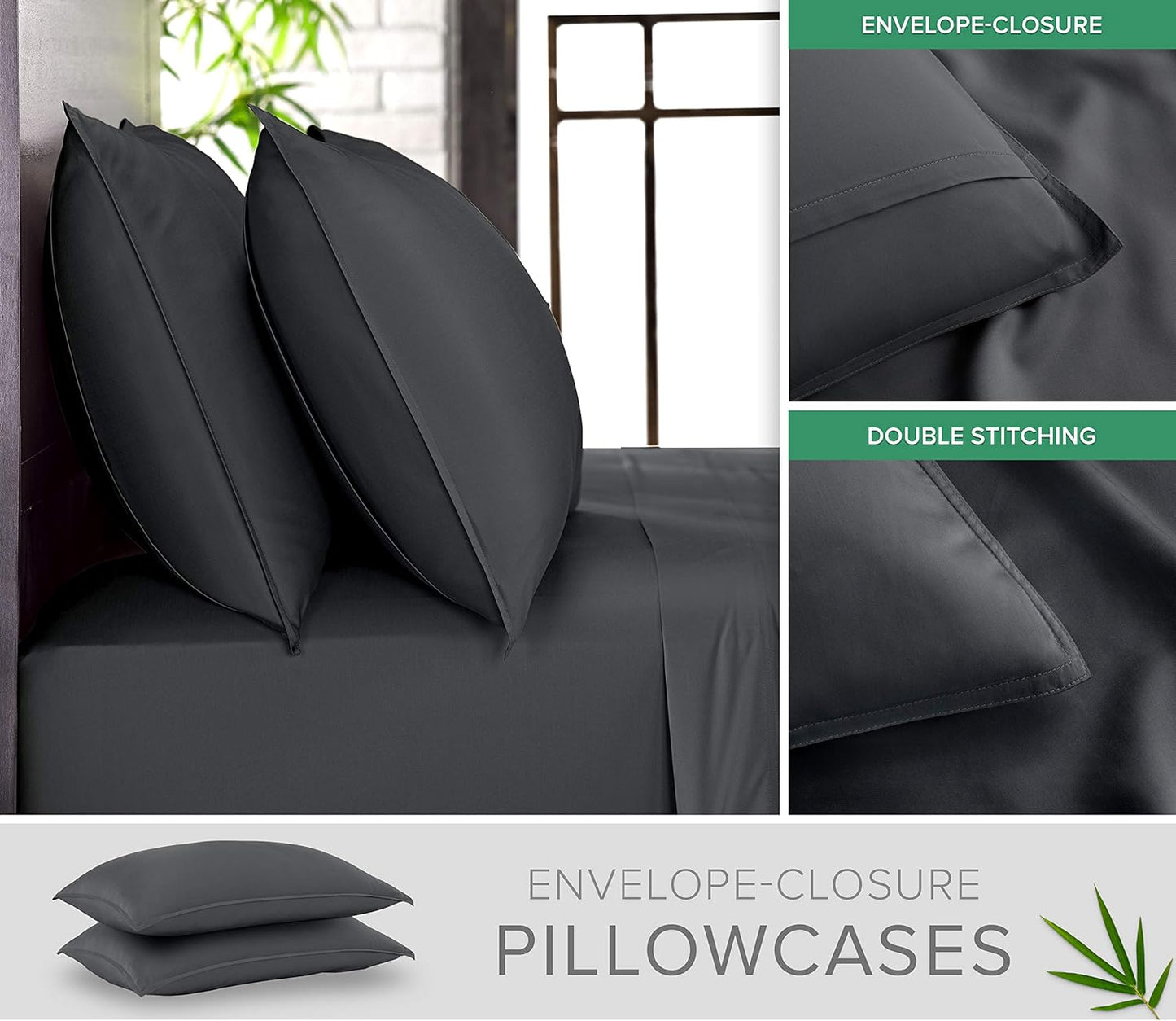 Queen Pillowcases by Pure Bamboo, Genuine 100% Organic Viscose Derived from Bamboo, Luxuriously Soft & Cooling, Double Stitching, Envelope Closure (2 Queen Pillowcases, Charcoal)