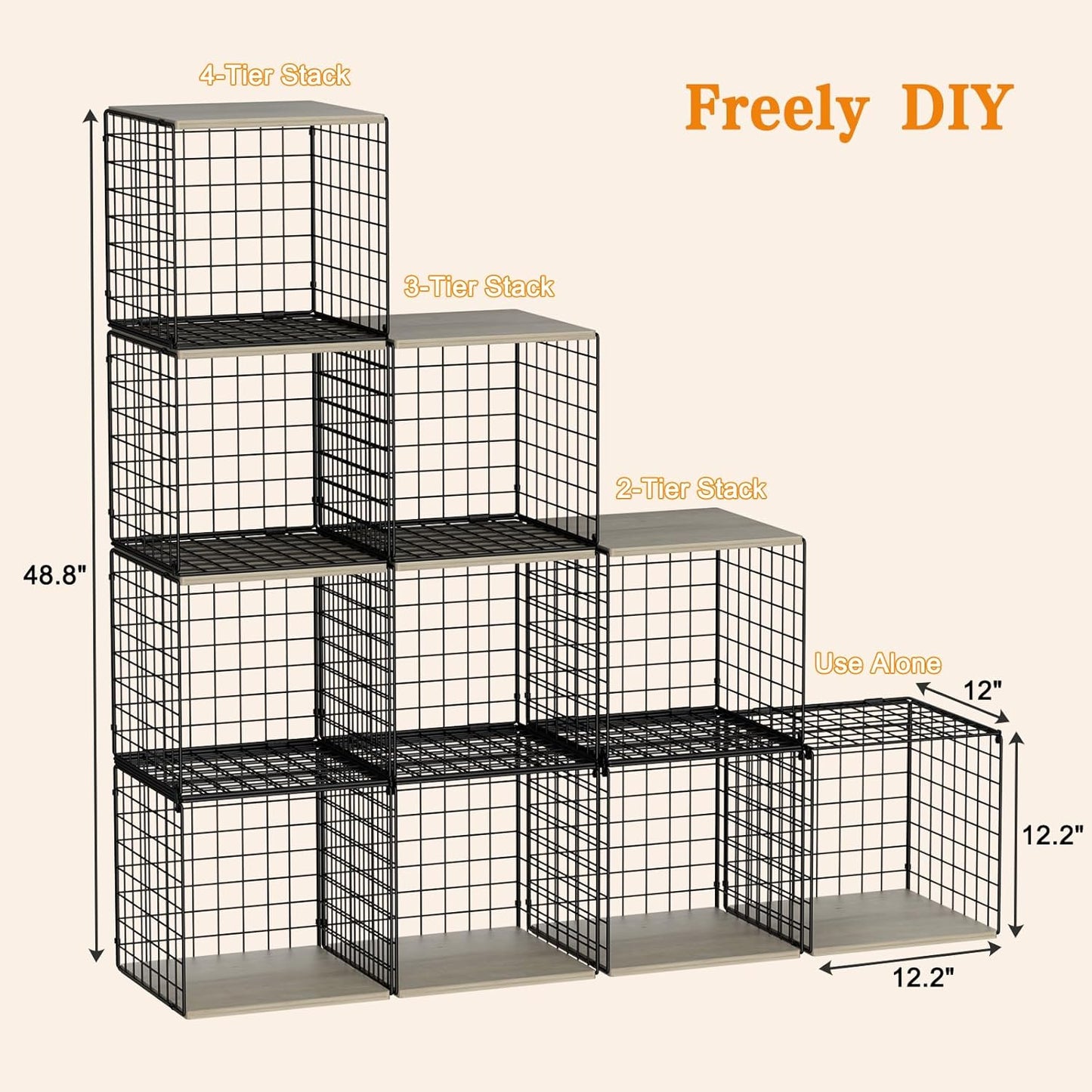 4-Tier Stackable Closet Organizers and Storage Basket, Shelves with Wood Top, Foldable Clothes Storage Bin/Cube Drawer Organizer for Wardrobe, Space-Saving, Closet Organization,Black(Patent Pending) ﻿