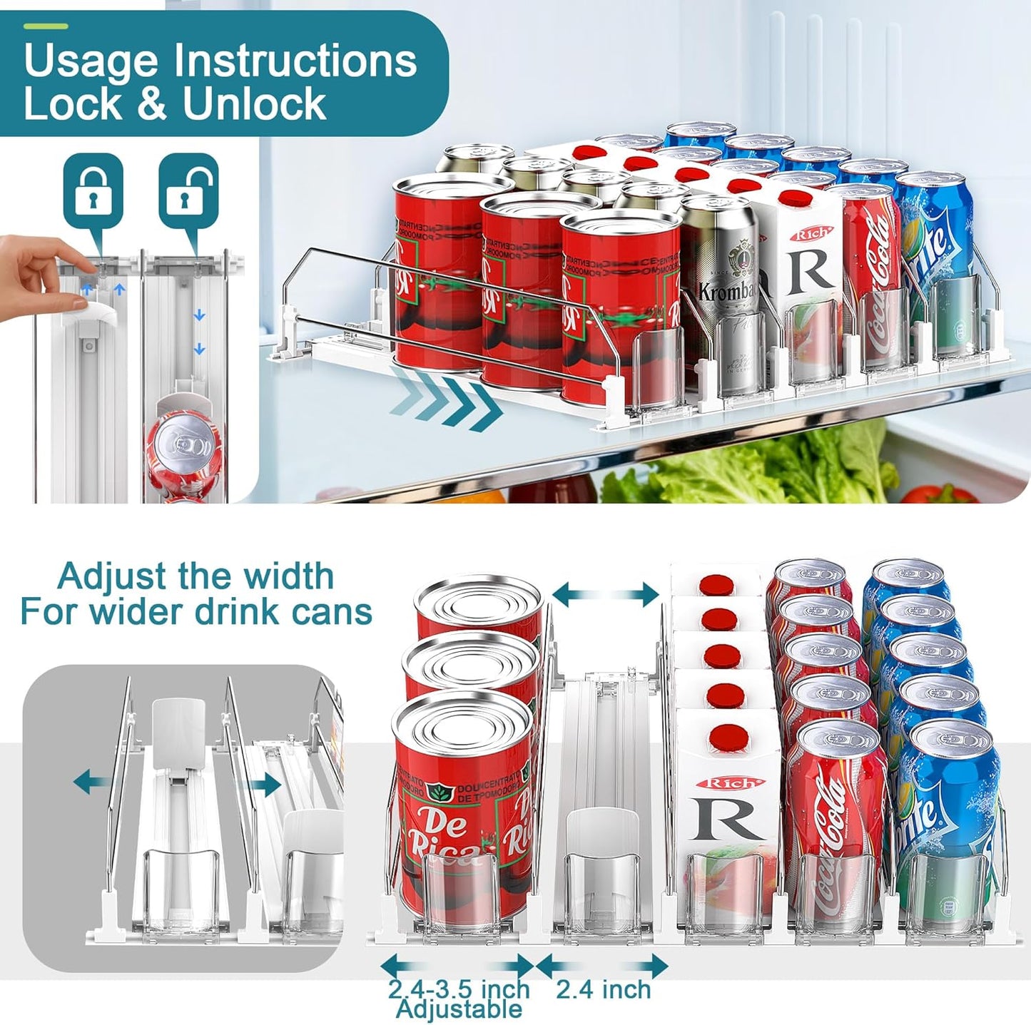 Upgraded Drink Organizer for Fridge, Space-Saving Fridge Drink Organizer, Automatic Pusher Glide and Adjustable Width Drink Dispenser for Fridge - Holds Up to 25 Cans (5 Rows White)