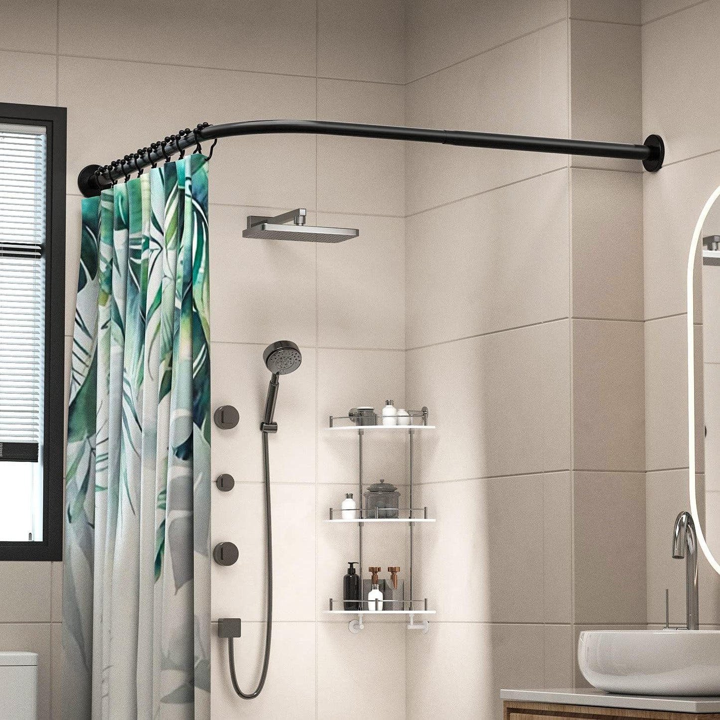 Corner Shower Curtain Rod Adjustable Stainless Steel L Shaped Rack Drill Free Install for Bathroom, Bathtub, Clothing Store (Black, 27"-39"x27"-39")