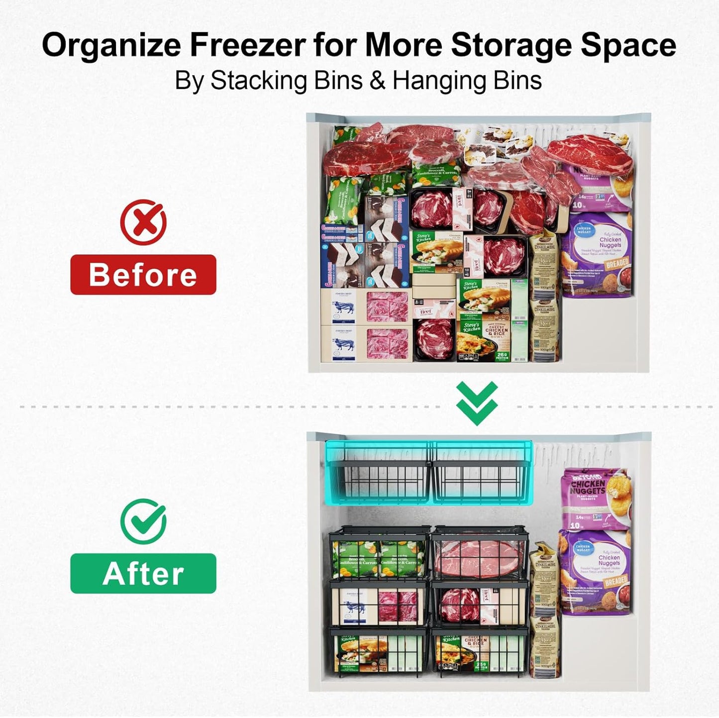 iSPECLE Large Expandable Freezer Organizer Bins - 4 Pack Chest Freezer Organizer Bins, for 10 to 20 Cu.FT Deep Freezer, 1 Hanging Basket and 3 Stackable Freezer Bins, Black