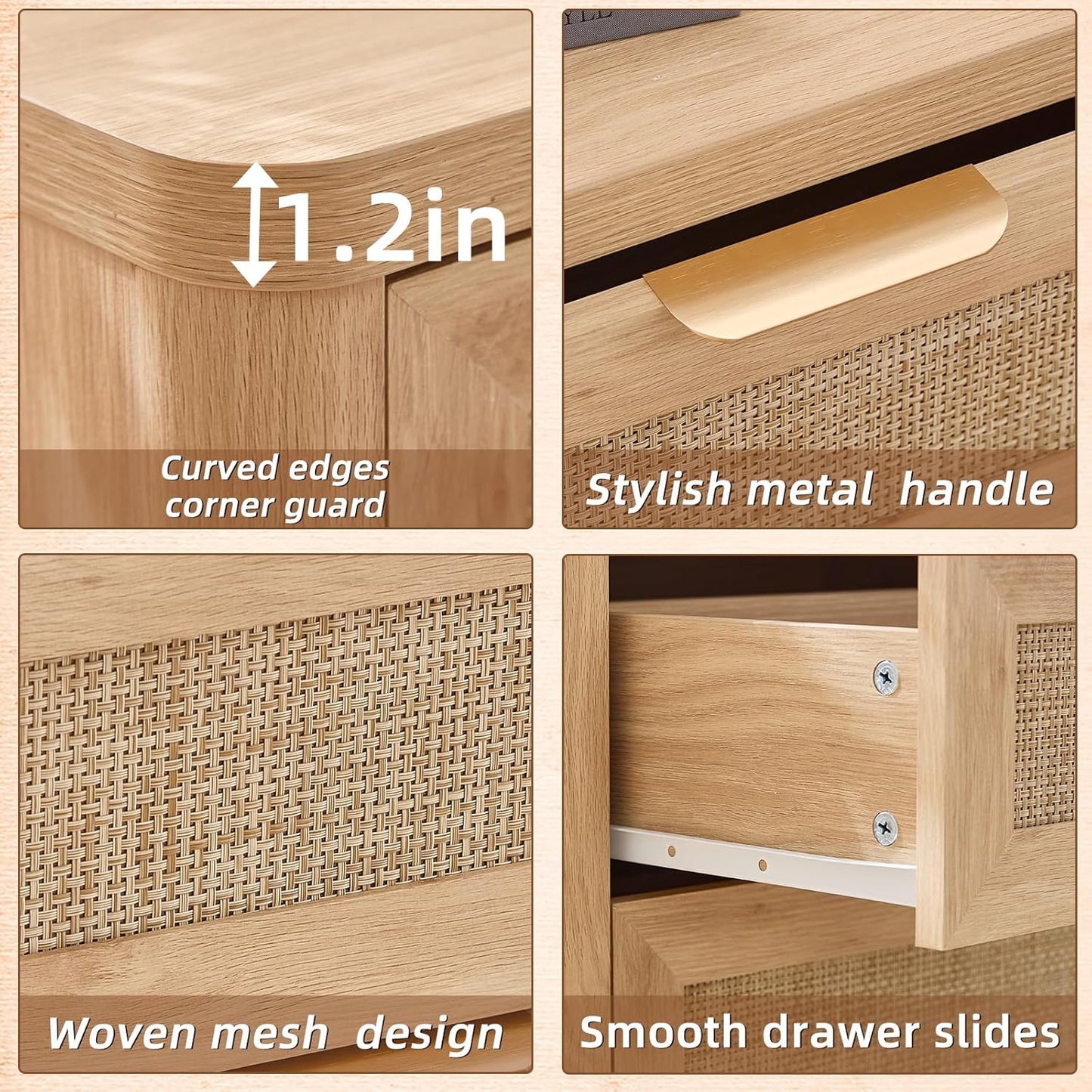 LEYAOYAO Rattan Night Stand Set of 2 with Charger Station, 23" Large 3 Drawer Boho Nightstand, Natural Wood Bedside Table Storage Cabinet, Bed Side End Tables for Bedroom, Living Room, Hallway
