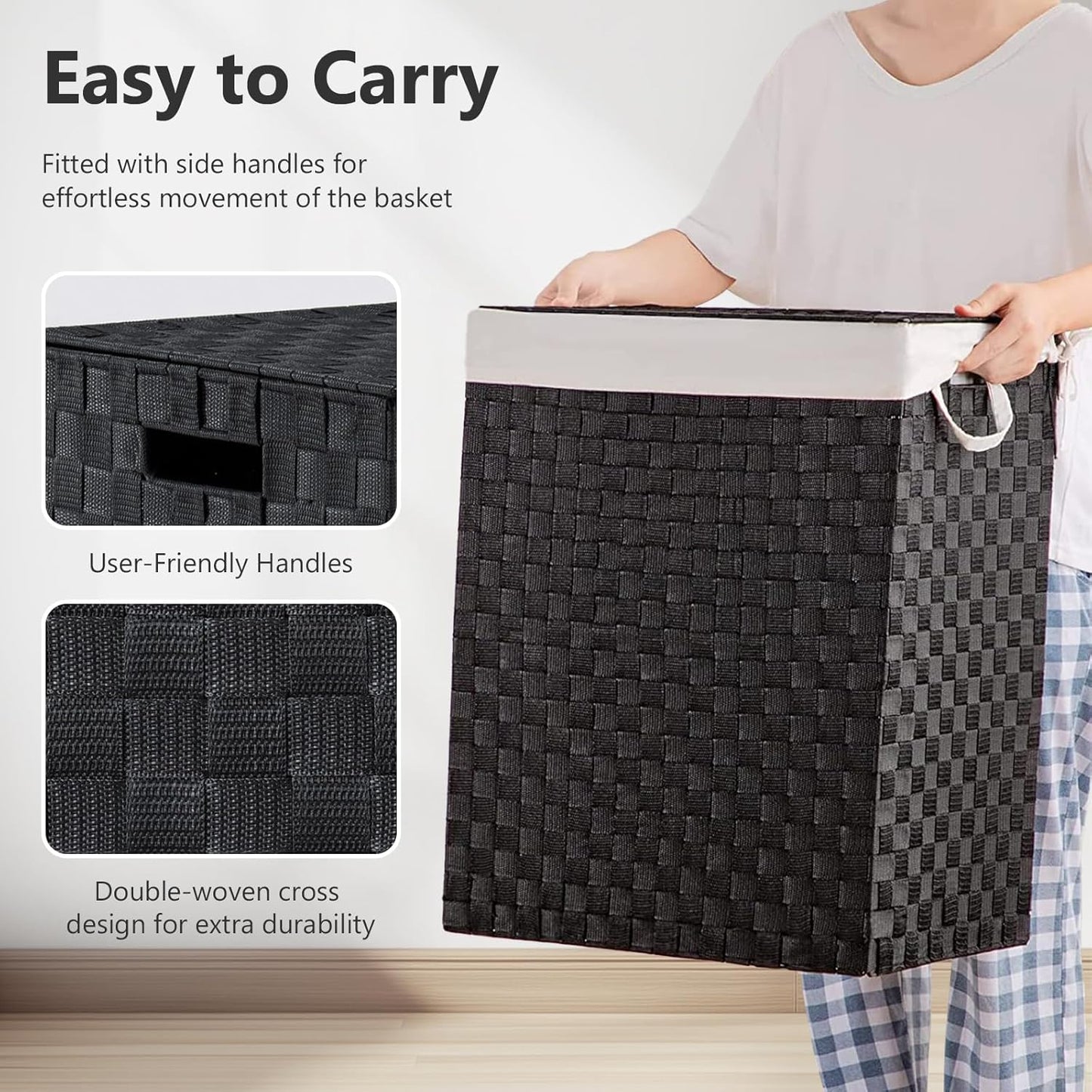 Foldable Laundry Hamper Basket with Lid by Fiona's magic, Handwoven 96L Large Clothes Hamper with Removable Liner Bags, Collapsible Tall Hamper for Bedroom, Bathroom and Dorm Organizer, 2Pack, Black