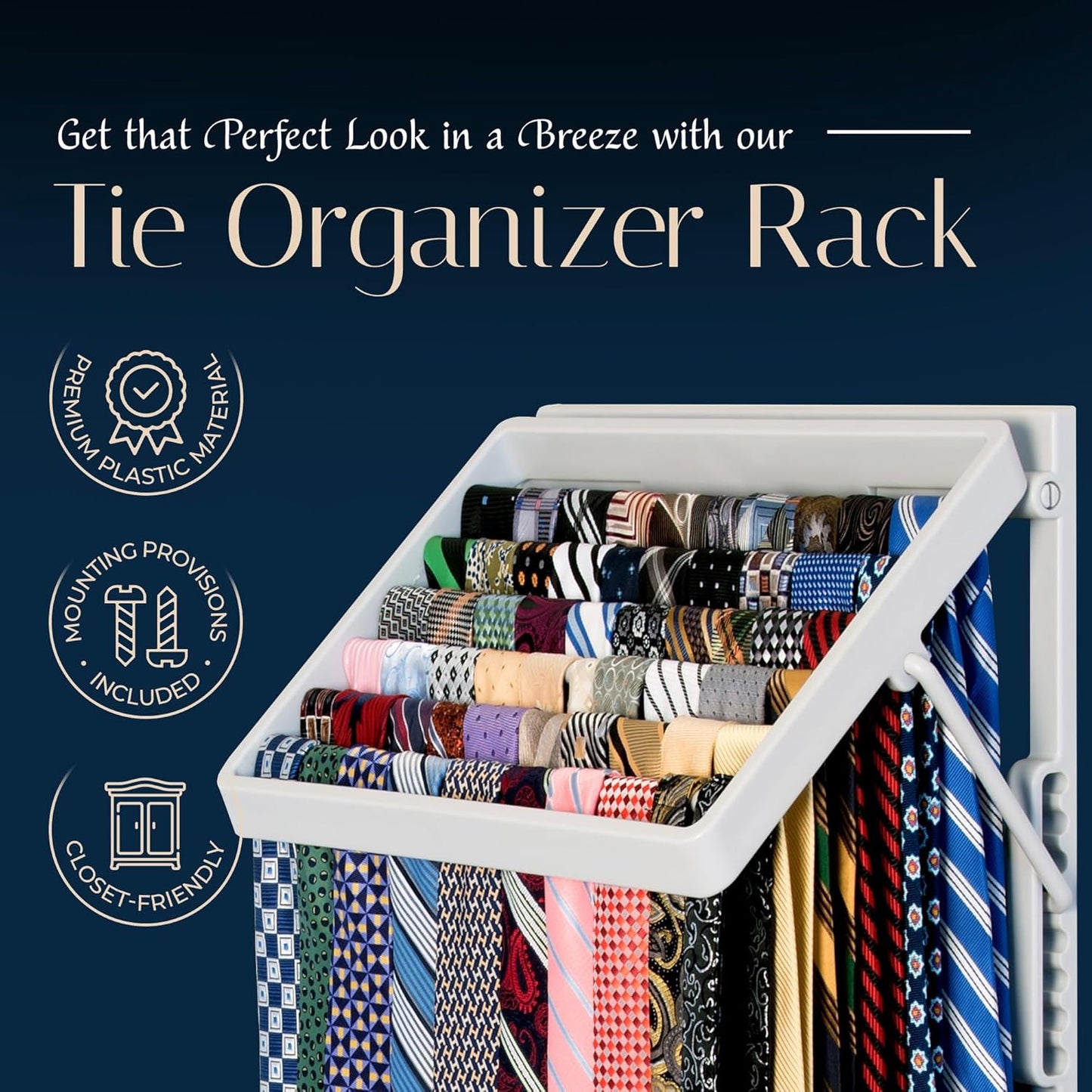 TieMaster Tie Rack and Scarf Organizer, Battery-Free Design, Holds 60 Ties and Scarves with 5 Belt Hooks, Easy Installation, Wall Mounted Tie Organizer, for Men & Women