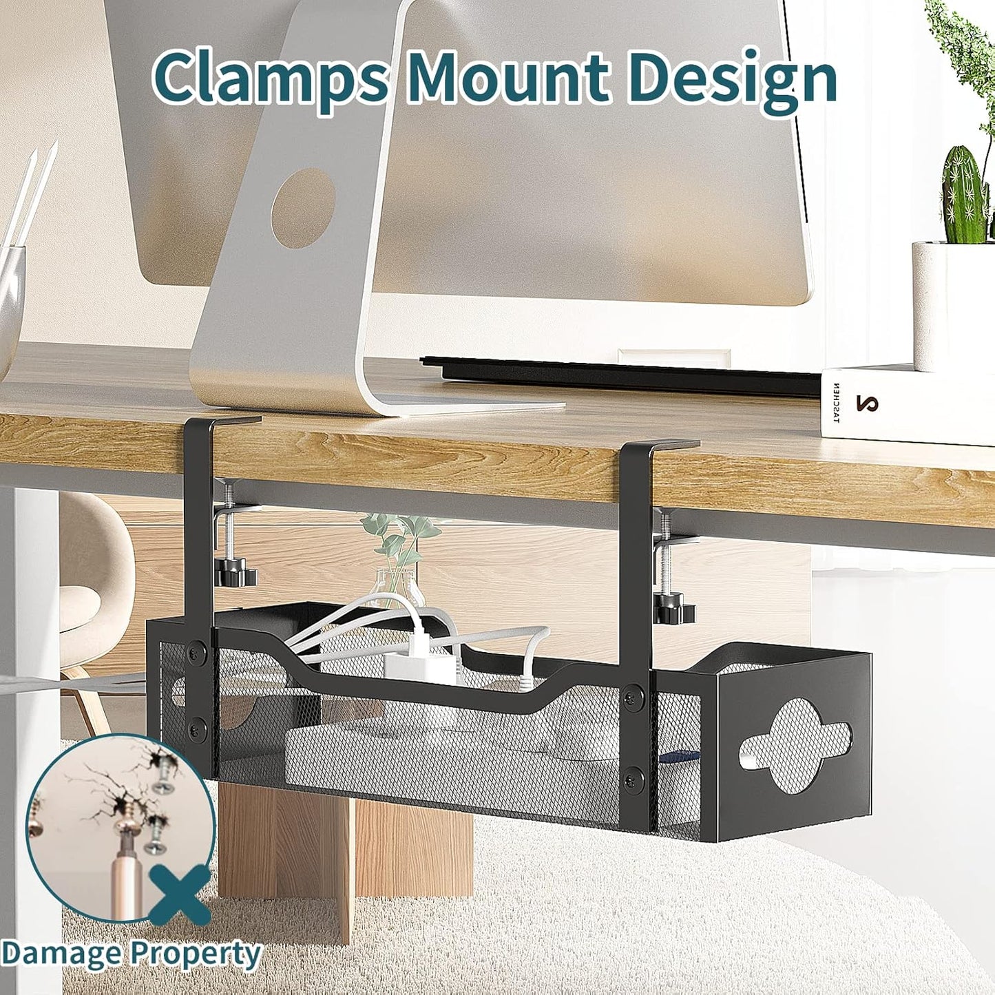 Under Desk Cable Management Tray Black, Litwaro Cable Management Under Desk No Drill, Cable Organizer with Clamp for Wire Management, Cord Organizer No Damage to Desk for Office, Home