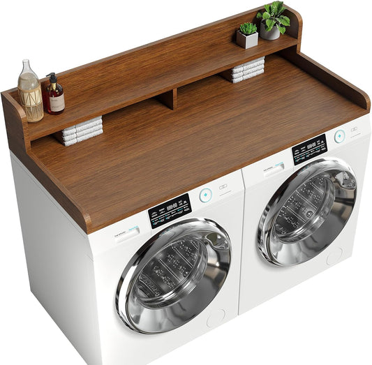 2-Tier Washer Dryer Countertop with 2.75" H Edge Rails, 58" W x 28" D Laundry Countertop for Folding Clothes, Washer and Dryer Topper with Non-Slip Pad (Brown)