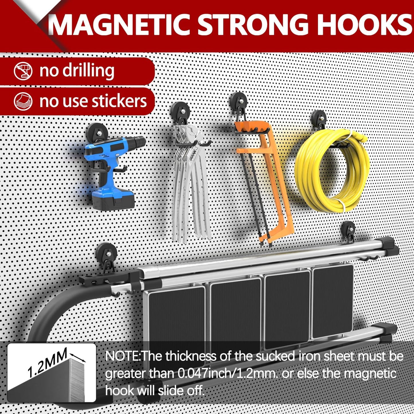 3-H Heavy Duty Magnet Garage Hooks 4 Pack, Extra Large Strong Magnetic Hooks for Hanging Cordless Power Drill, Utility Magnetic Tool Holder for Metal Cabinet, Steel Pegboard, Toolbox, Garage(Black)