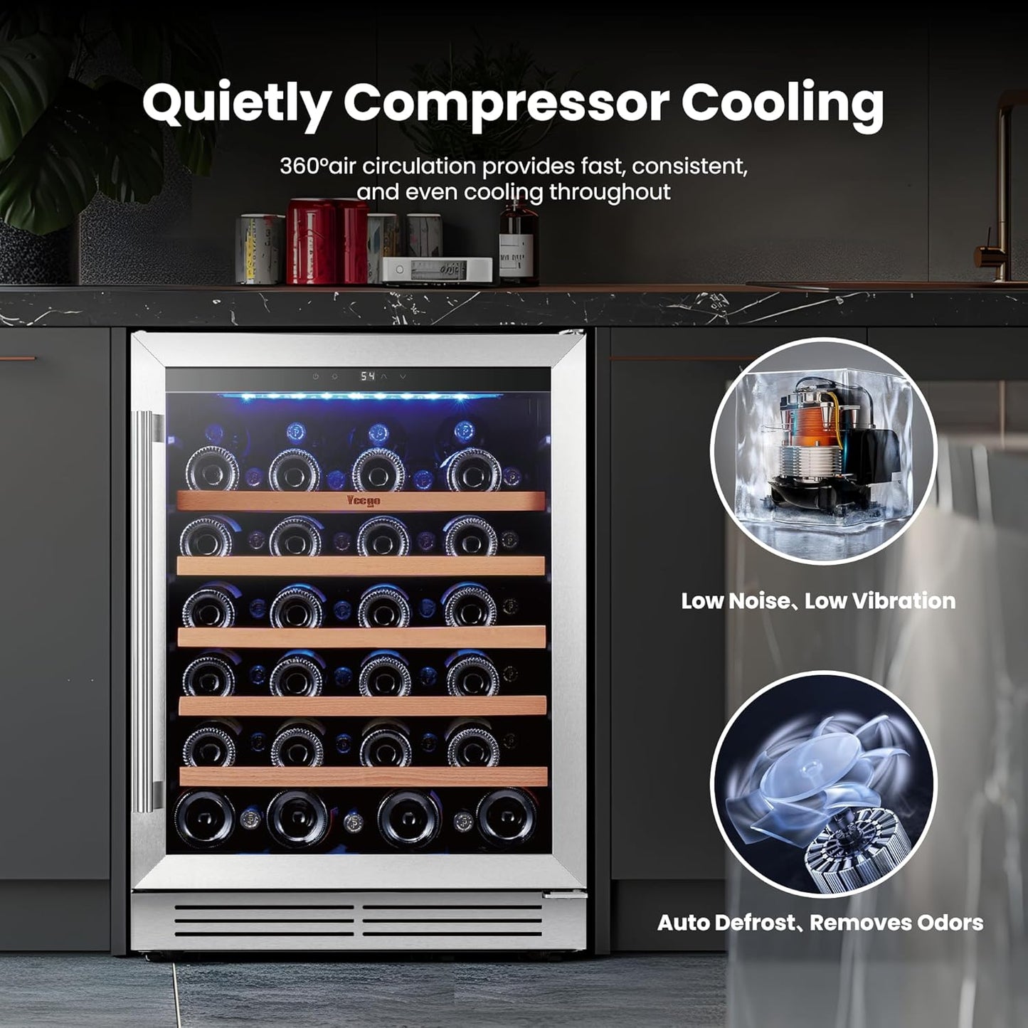 Yeego Wine Fridge Cooler - 24 Inch Wine Fridge Hold 47 Bottles, 40-65°F Wine Refrigerator Glass Door, Built in, Freestanding Under Counter Fridge for Beer Soda Drink Home Bar Office(5.12 Cu.ft)