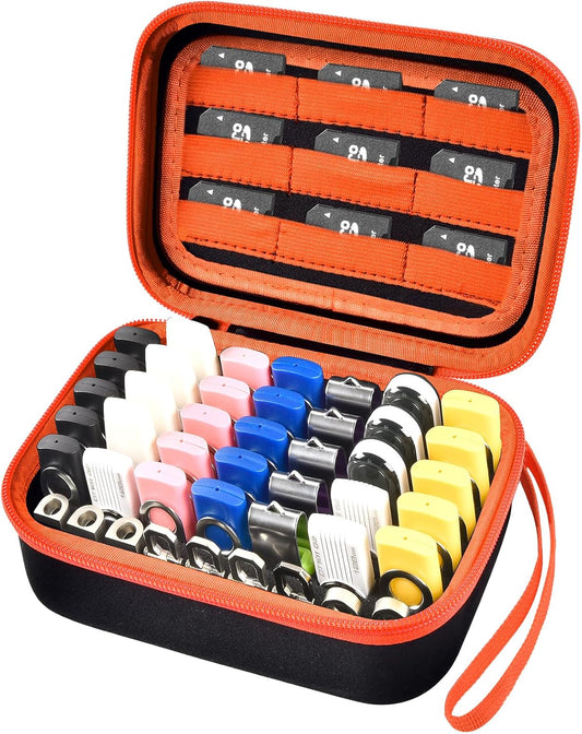 Comecase USB Flash Drive Case, Thumb Drive, Memory Card SD SDXC SDHC Card Holder Organizer, Electronic Accessories Storage Bag for SanDisk/SamData/Samsung/TOPESEL/PNY (Orange Inside, Large)