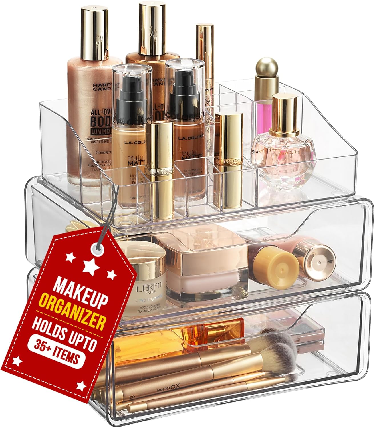 Clear Makeup Organizer - Acrylic Cosmetic Vanity Storage Organizers for Girls Dresser, Bathroom, Desk Counter - Plastic Make Up Holder, Jewelry Box (2-Drawer | Multi Compartments)