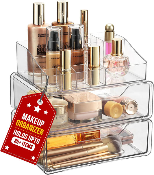 Clear Makeup Organizer - Acrylic Cosmetic Vanity Storage Organizers for Girls Dresser, Bathroom, Desk Counter - Plastic Make Up Holder, Jewelry Box (2-Drawer | Multi Compartments)