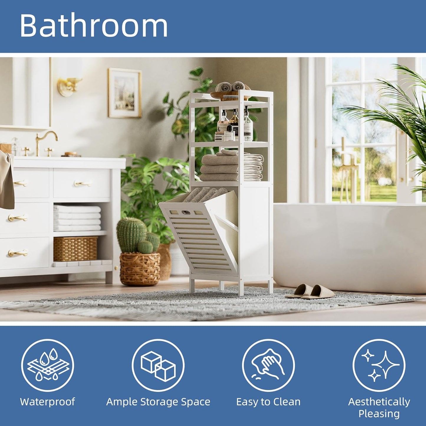 HITNET Bamboo Tilt Out Hamper, Bathroom Laundry Cabinet with Hidden Foldable Basket, Freestanding Clothes Storage Organizer with Storage Shelf, White