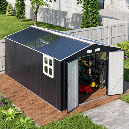 Metal Shed 10x16 FT Big with Heavy-Duty Reinforced Steel Frame and Customizable Skylight, Lockable Doors, 4-Pane Windows,Large Outdoor Storage for Garden, Tools, and Utility