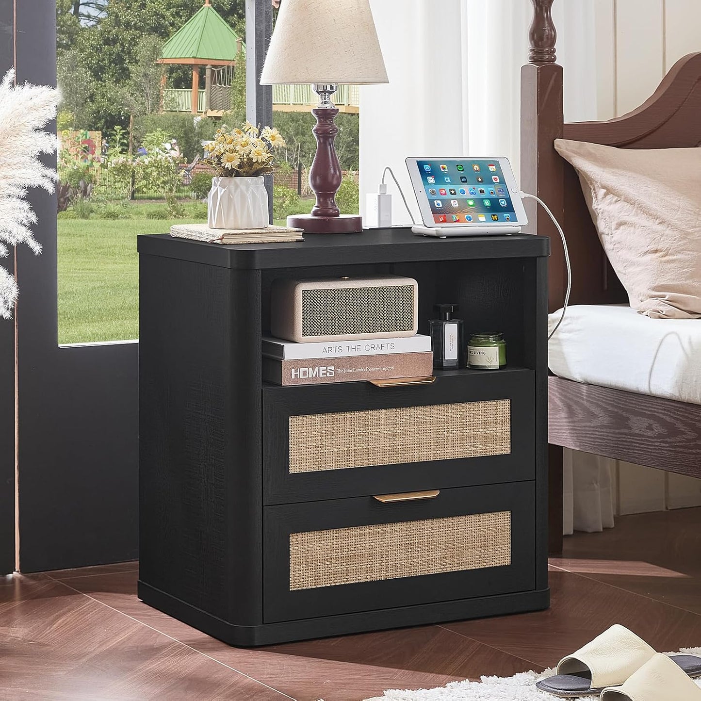 LEYAOYAO Rattan Nightstands Set of 2 with Charger Station, 23" Wide Boho Night Stand with 2 Drawers, Black Bedside Table Open Shlef, Bed Side End Table Dresser for Bedroom, Living Room Hallway