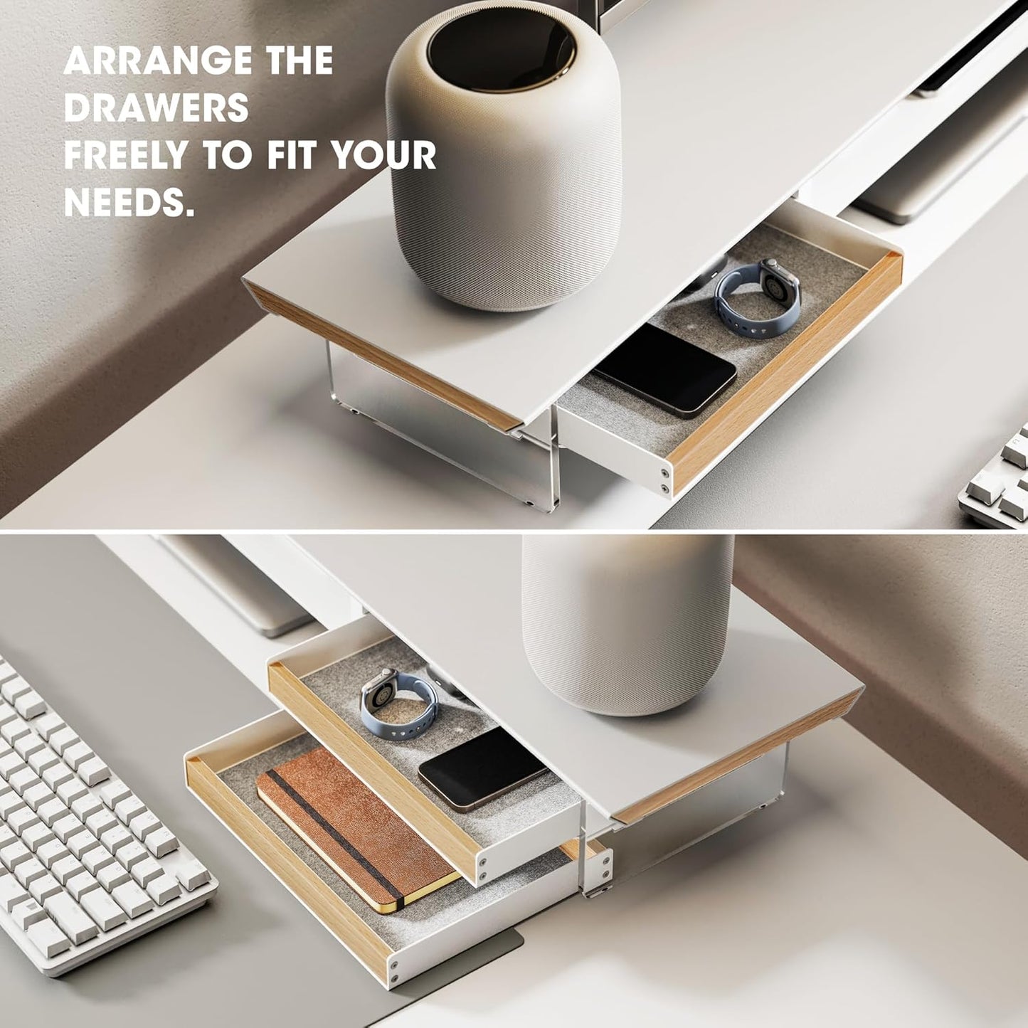 Fenge Dual Monitor Stand with Drawer, 42.5 Inch Large Monitor Riser with Acrylic Legs Supports, Computer Stand for Desk, 2 Tier Wood Desk Shelf with Storage Organizer for PC, Laptop, Printer, TV