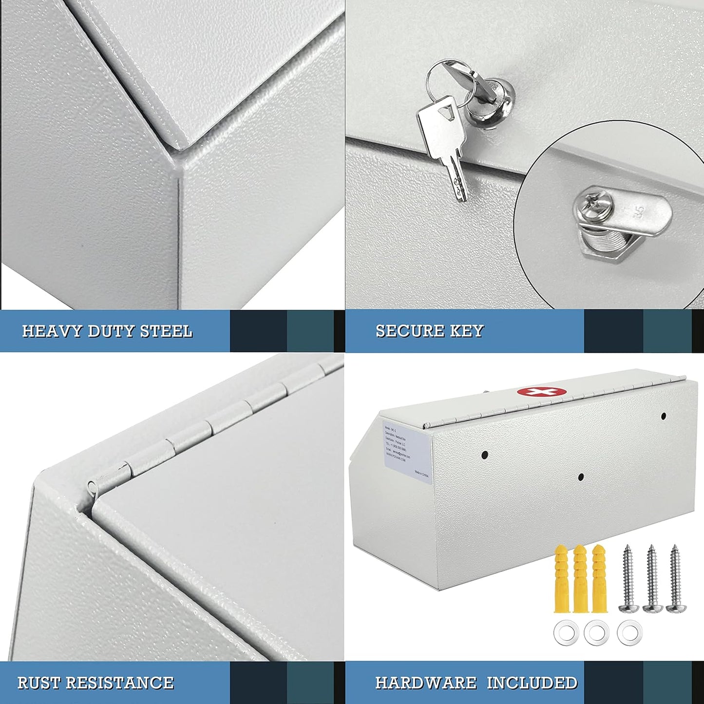 POCHAR Locking Medicine Box - Wall Mount Medicine Lock Box for Prescription Safe Storage - Steel First Aid Medicine Cabinet with Lock - Child-Proof Medication Secure Box for Home, School, Office