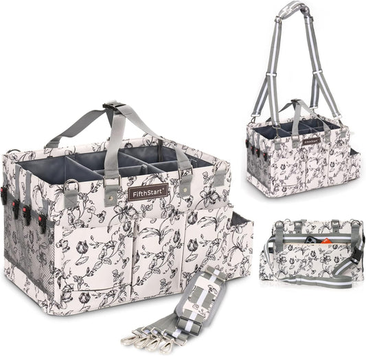 FifthStart Cleaning Caddy Organizer with Handle & Waist/Shoulder Straps - 9 Compartments & Mesh Base - Portable Cleaning Supply Caddy with Waste Bag Dispenser (Beige Floar, Large)