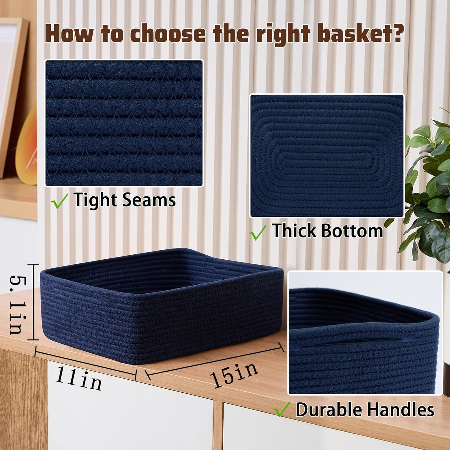 Large Shallow Organizing Baskets 15x11x5.1 Inches - Rope Woven Storage Bins for Bathroom, Shelves, Cube Closet, Navy Blue 4 Packs