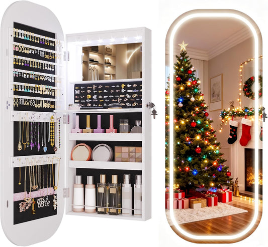 LVSOMT LED Mirror Jewelry Cabinet, Wall/Door Mount Jewelry Mirror Organizer, Rounded Full Length Mirror with Storage, Lockable Jewelry Armoire, 16" Wide, Foldable Shelf, Interior Mirror, White
