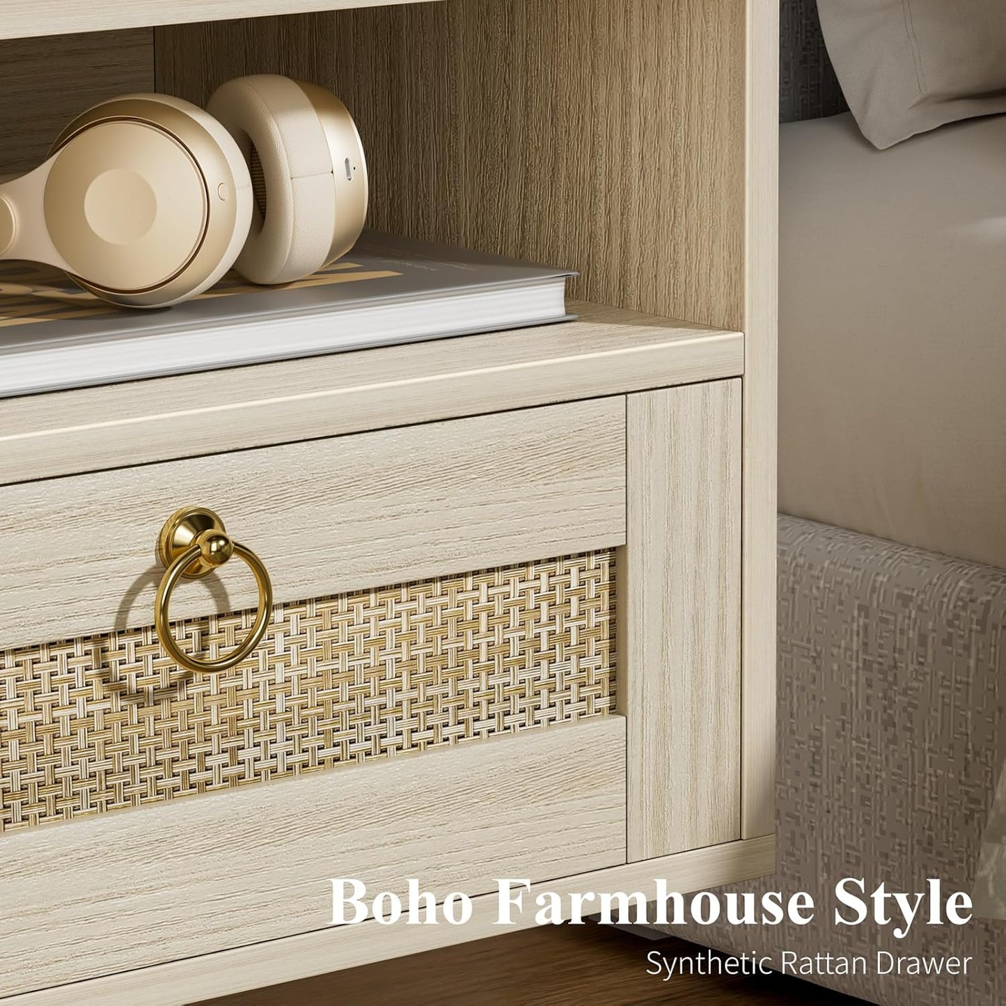 Floating Nightstand Set of 2 with Drawer for Wall Mounted Hanging Rattan Night Stand Bed Side Tables Wooden End Table Small Boho Dressers for Bedroom Farmhouse Shelves with Drawers