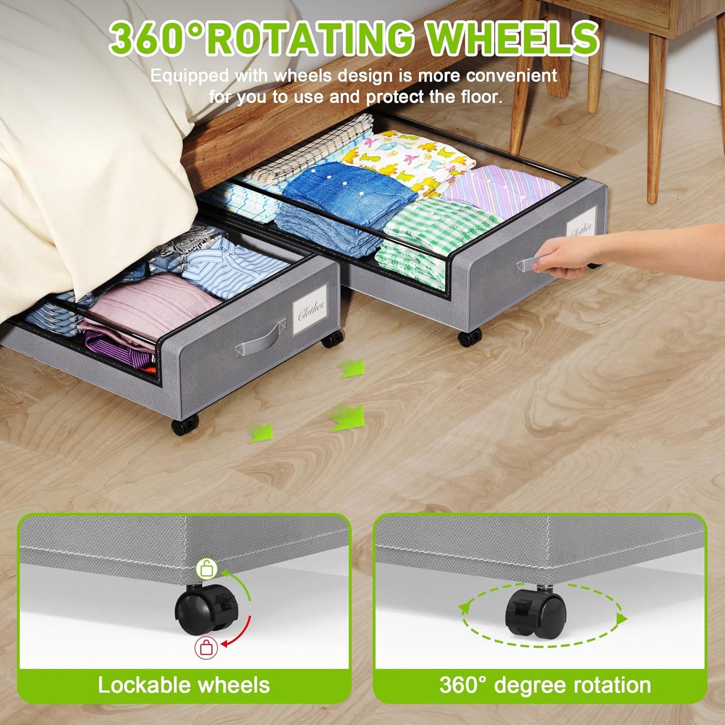 Under Bed Storage with Wheels, XXL 60L Under the Bed Storage Bins, Underbed Storage Containers with Lids & Label, Rolling Metal Drawer for Shoes, Clothes, Books, Toys (2-Pack Gray)