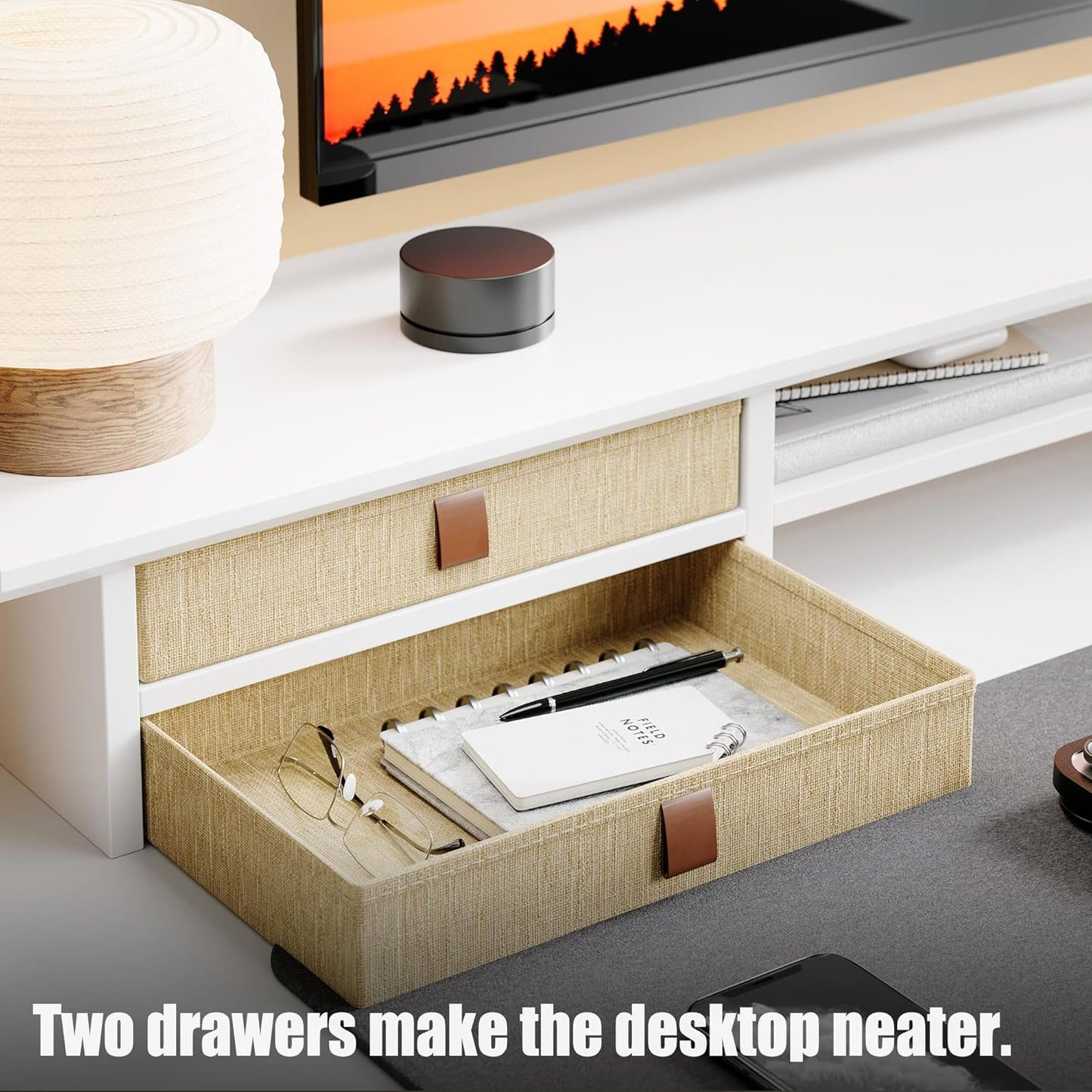 Dual‑Tier Monitor Stand Riser with Drawers, Desktop Organizer Shelf Storage for Computer Screen 2 Monitors, Supports for PC Computer Monitor, Printer, Heavy TV Riser White