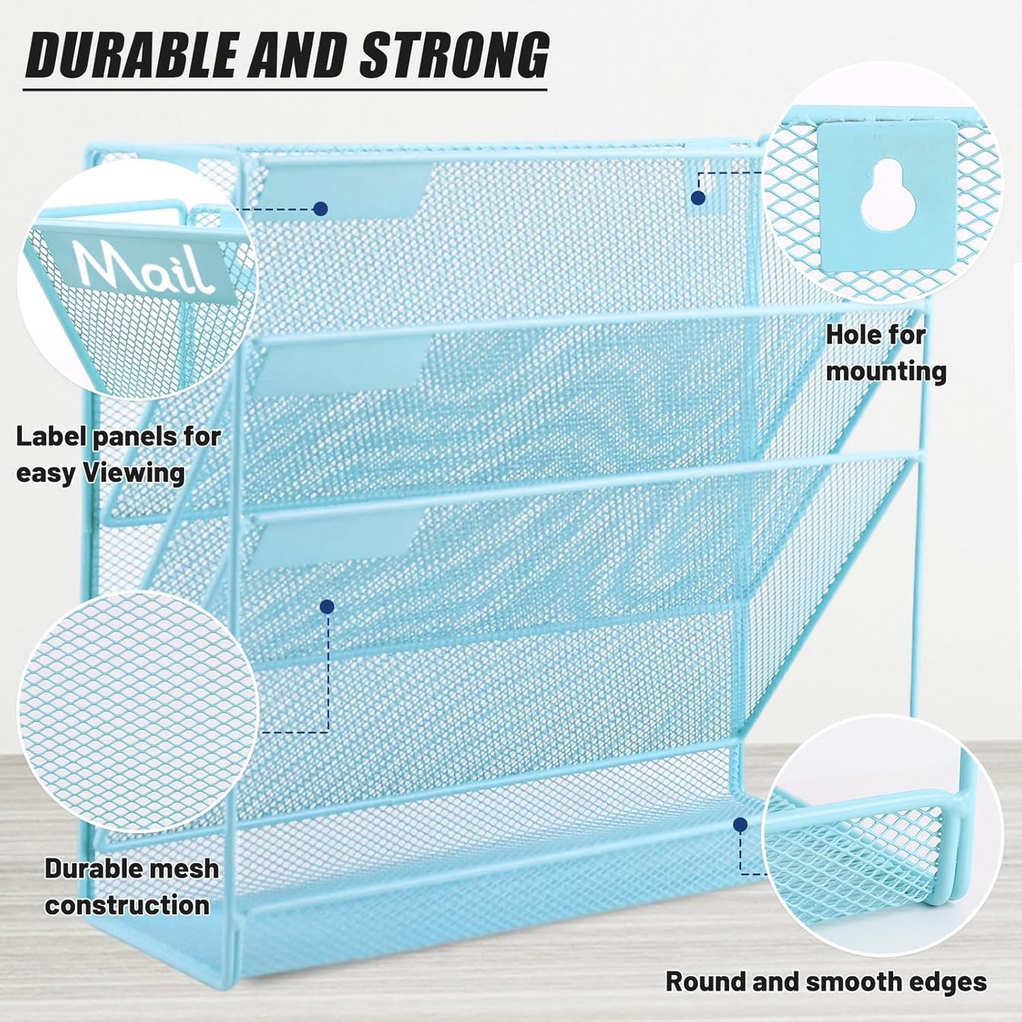 EASEPRES Desk File Organizer Mesh 4-Tier, Hanging Wall Mount Document Organization Stand, Desktop Vertical Mail Paper Folder Holder Rack with Bottom Tray for Office Home Cubicle Countertop, Blue