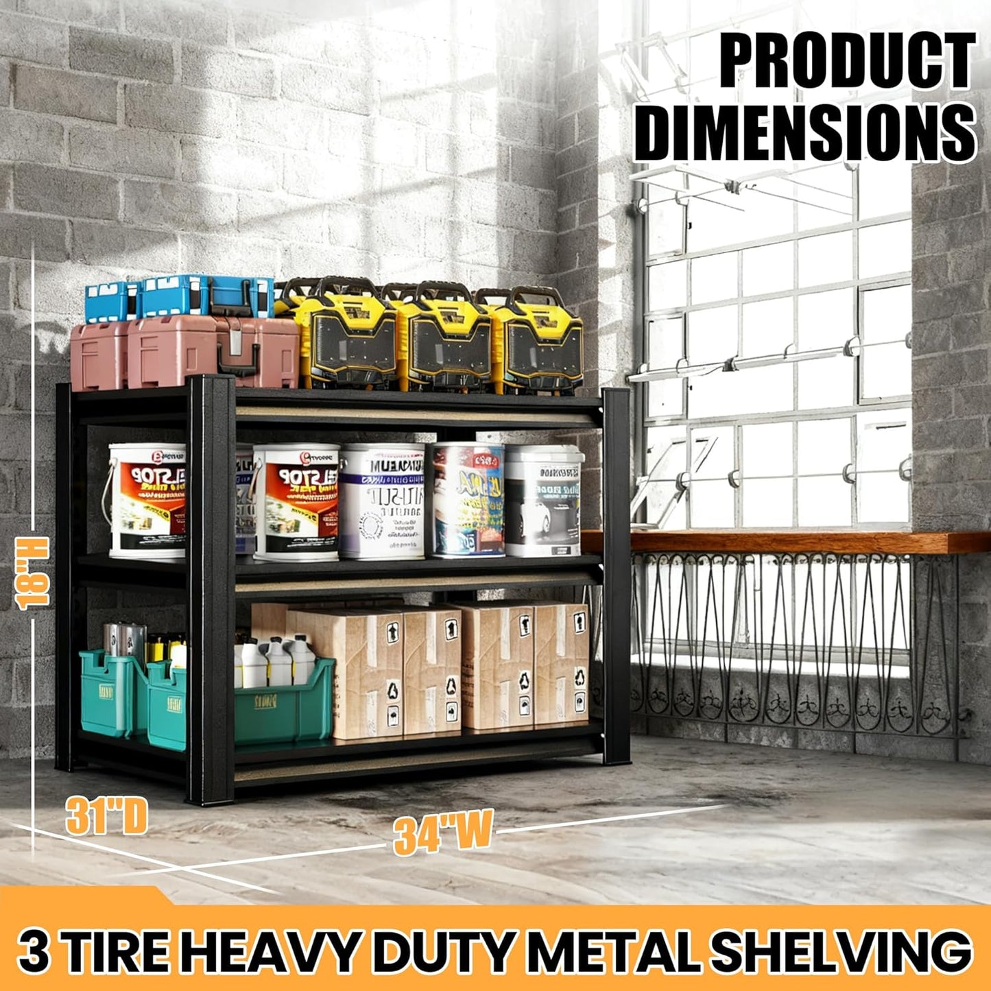 Heavy Duty Garage Shelving, Metal Storage Shelves, 3 Tier Adjustable Storage Shelves, Metel Shelving, Industrial Utility Rack for Garage, Warehouse, Workshop,31.5" H×34" W×18" D