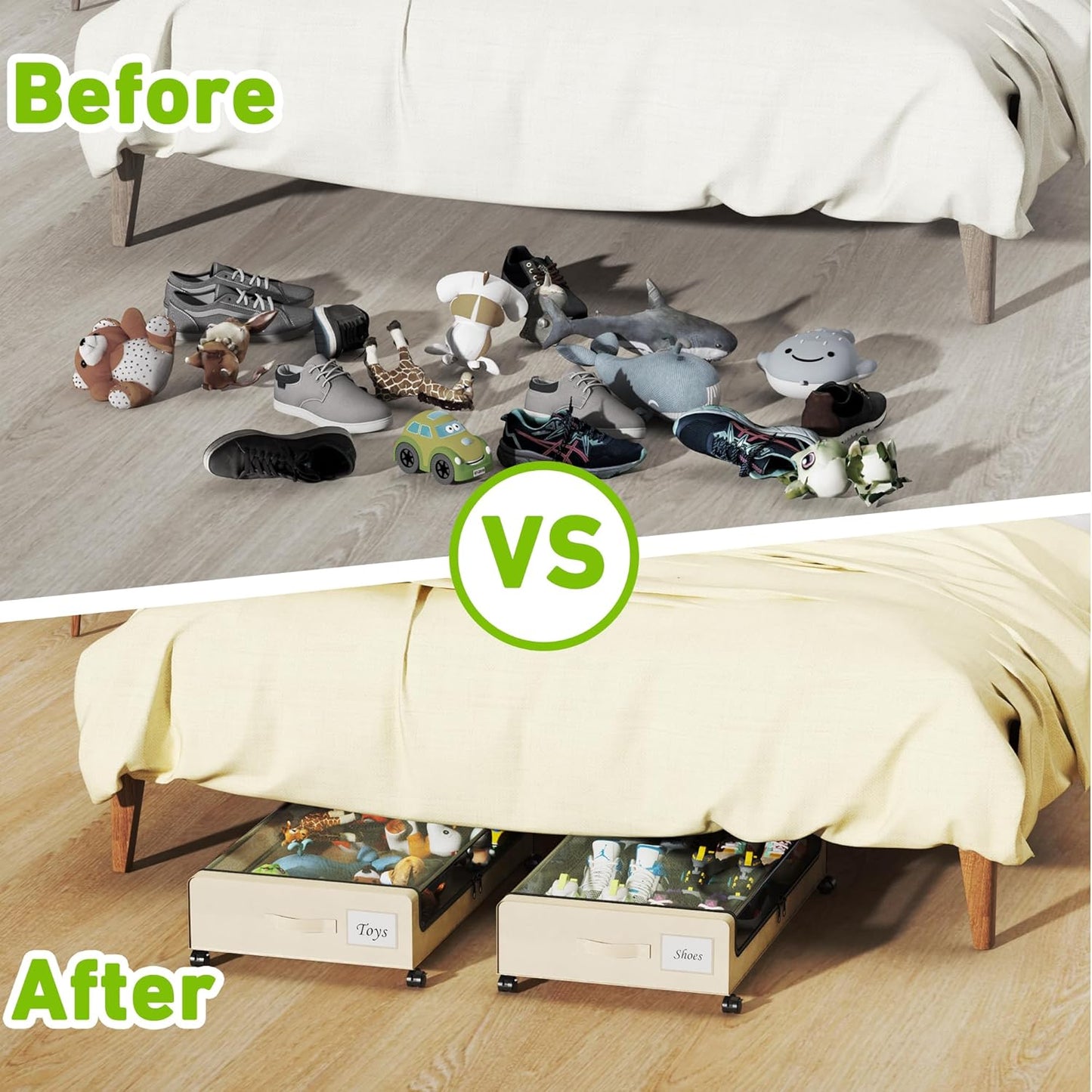 Under Bed Storage with Wheels, XXL 60L Under the Bed Storage Bins, Underbed Storage Containers with Lids & Label, Rolling Metal Drawer for Shoes, Clothes, Books, Toys (2-Pack Beige)