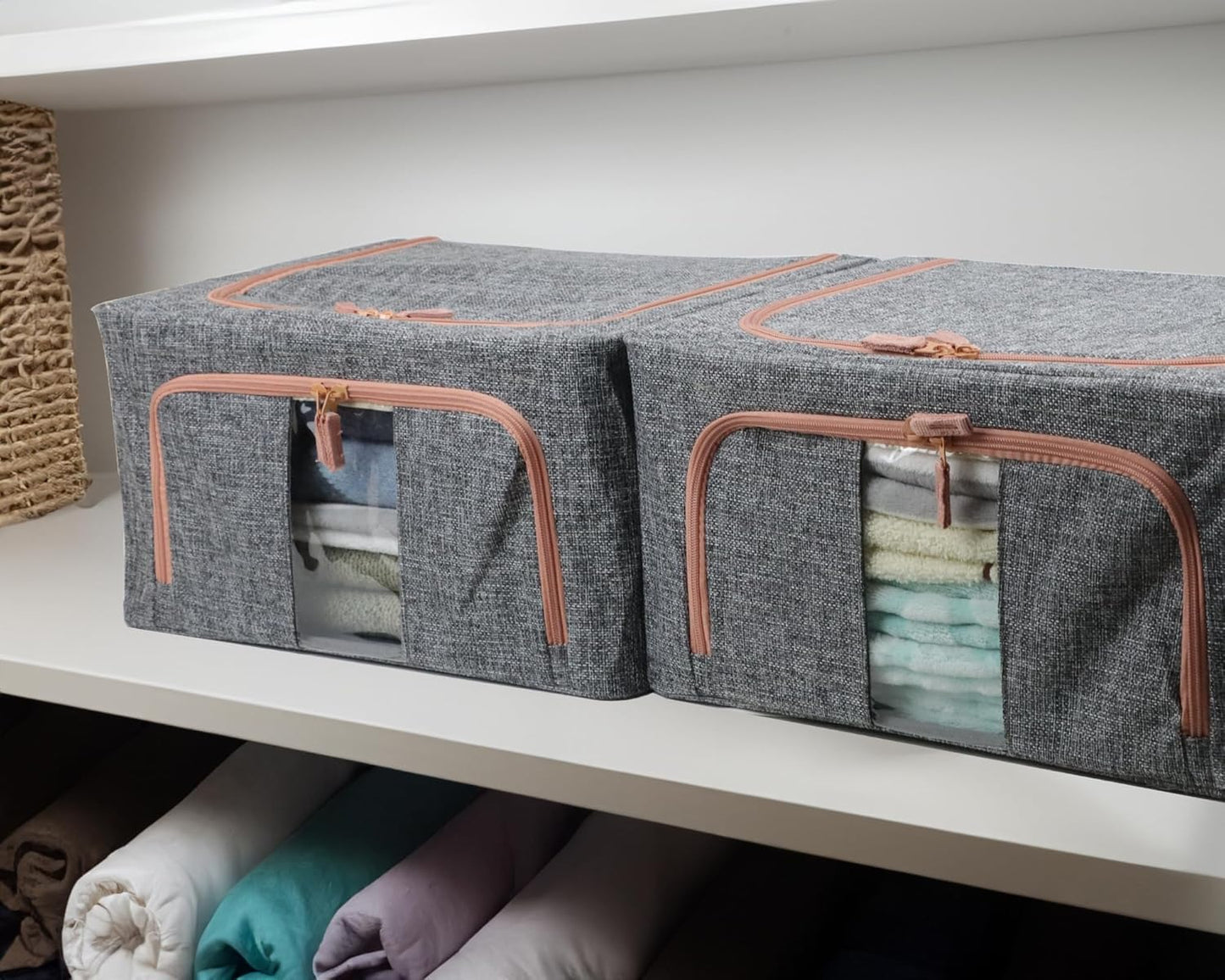 Linen Clothes Storage Bins, 4PCS Sturdy Closet Organizers and Storage Bin with Metal Frame, 2 Opening Ways Fabric Visible Lidded Storage Box for Organizing Clothing,Jeans,Sheets (4PC Gray, 22Liters)