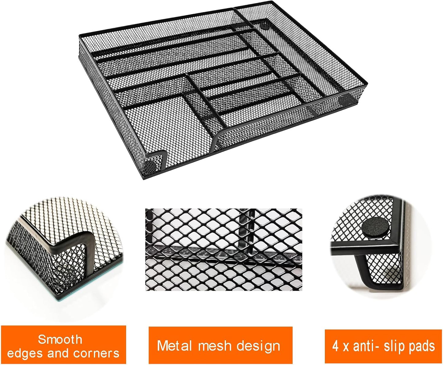 2-Pack Metal Mesh Desk Drawer Organizer Tray Set, 6-Compartment Office Drawer Organizer for Pens Supplies, 12.6"x8.27"x1.57" Black