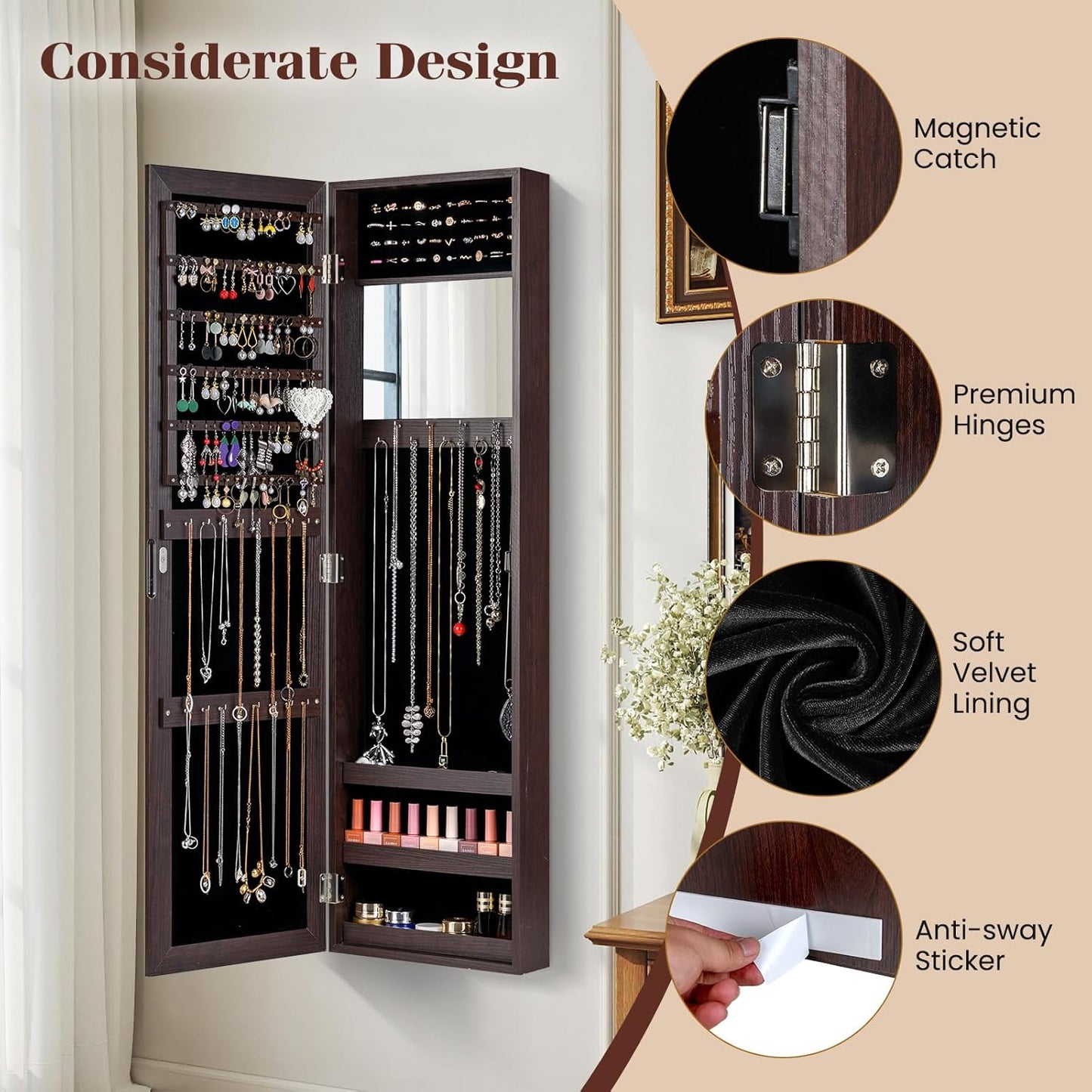 Giantex Wall Mounted Jewelry Cabinet with Full Length Mirror, Over The Door Jewelry Armoire Organizer with Large Storage, Makeup Mirror & Velvet Lining (Brown)