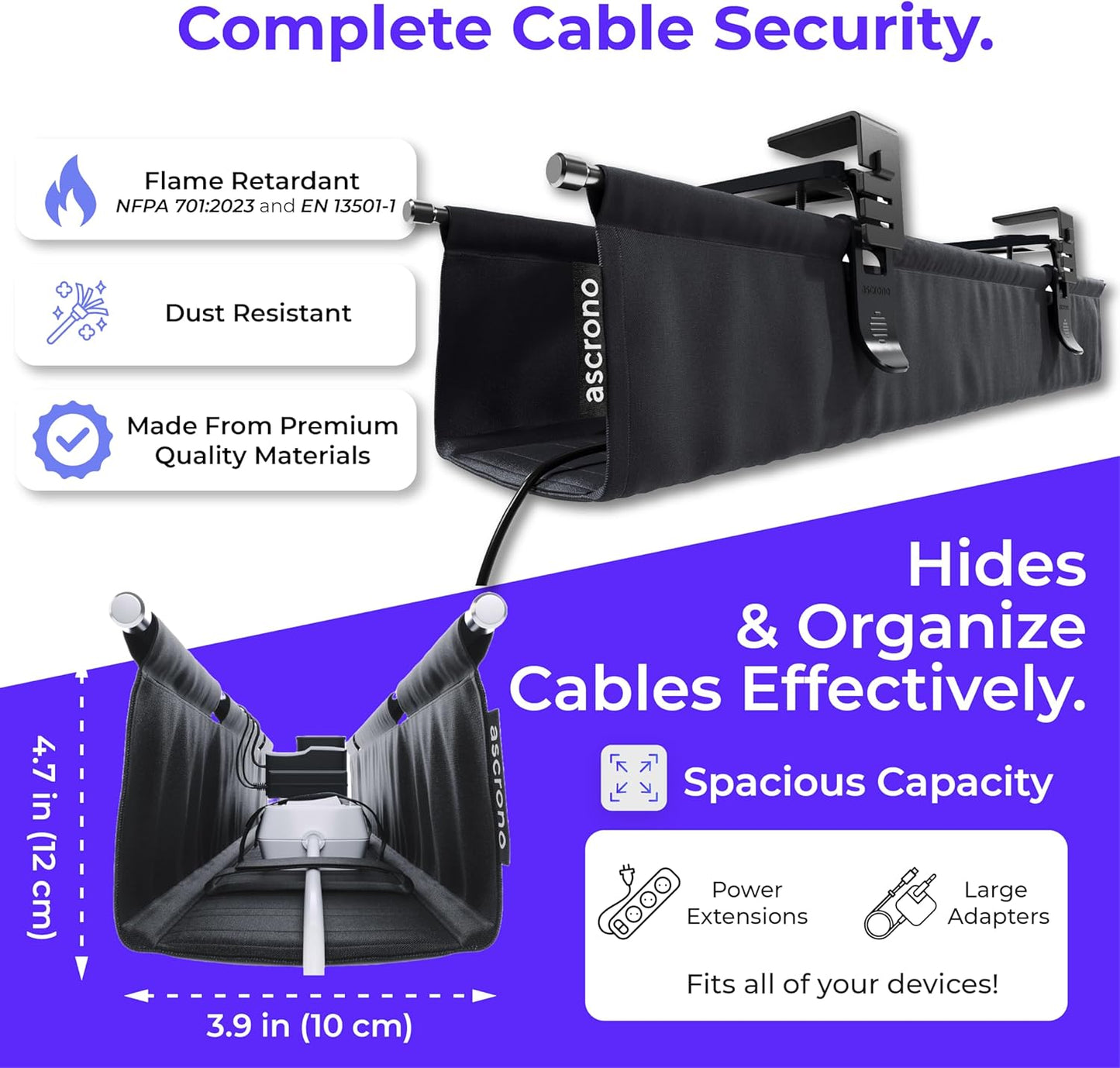 Ascrono Original No Drill Under Desk Cable Management Tray 27.3" - Premium Black Fabric Cable Management Under Desk - Clamp/Screw Mount Cord Organizer - Supports Upto 66lbs