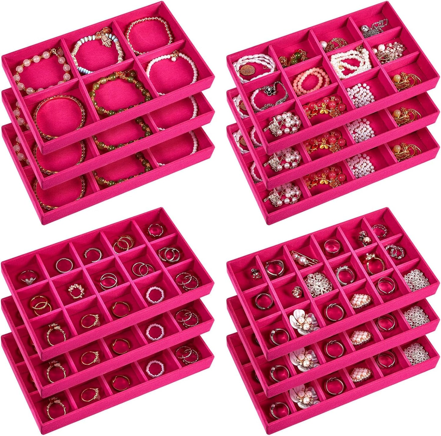 Junkin 12 Pcs Jewelry Tray Velvet Stackable Jewelry Organizer Trays Divided Earring Accessories Storage Containers Box (Rose Red)