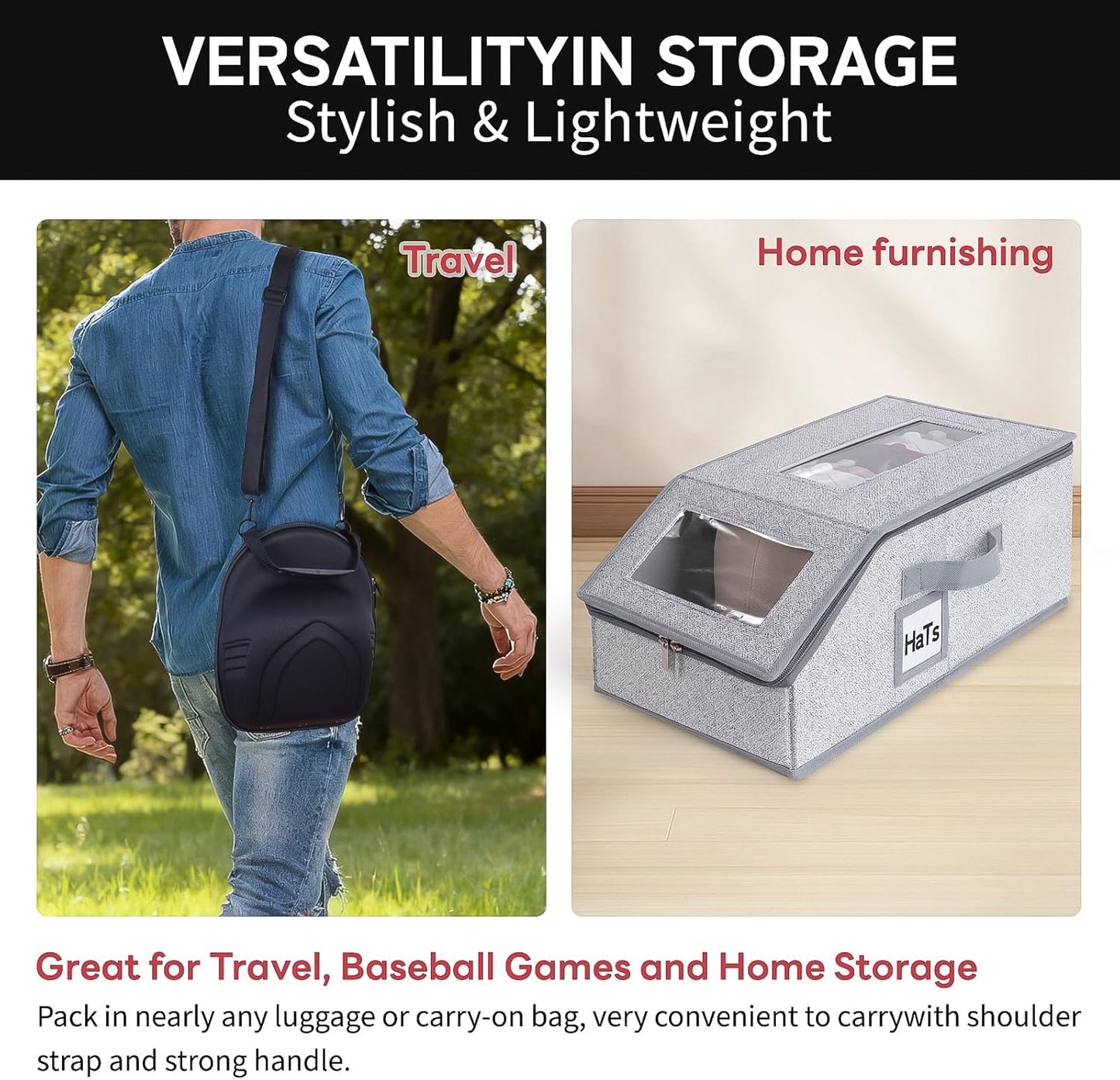 One set hat Storage for Baseball Caps,Gery Stackable box holds up to 18 Caps Hat Organizer for Closet, Black Baseball Cap and Adjustable Shoulder Strap, Hat Organizer Holder Bag for 6 Baseball Caps.