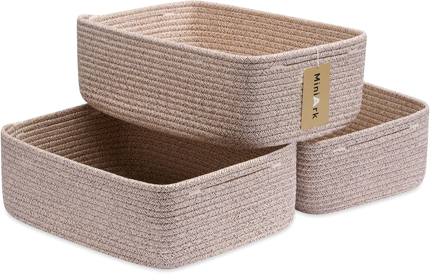 Large Shallow Organizing Baskets 15x11x5.1 Inches - Rope Woven Storage Bins for Bathroom, Shelves, Cube Closet, Mixed Brown 3 Packs