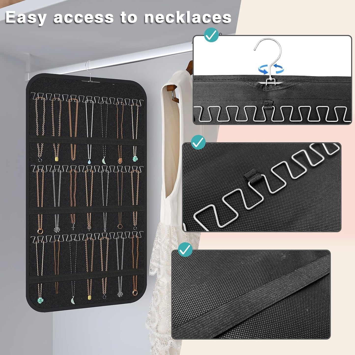 Hanging Jewelry Organizer Storage, 40 Pockets 36 Hooks Necklace Earring Necklace Bracelet Ring Organizer, Double - Sided Design, Black