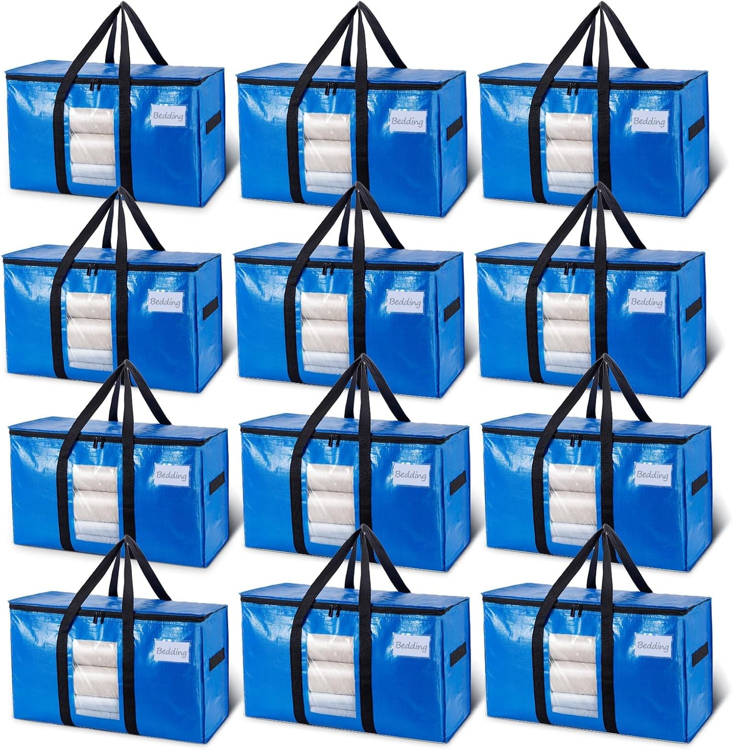 TAILI Extra Large Moving Bags, 12 Pack Blue Heavy Duty Totes for Storage with Visible Window, Wrap Around Handles, Storage Bags for Space Saving, Alternative to Moving Boxes