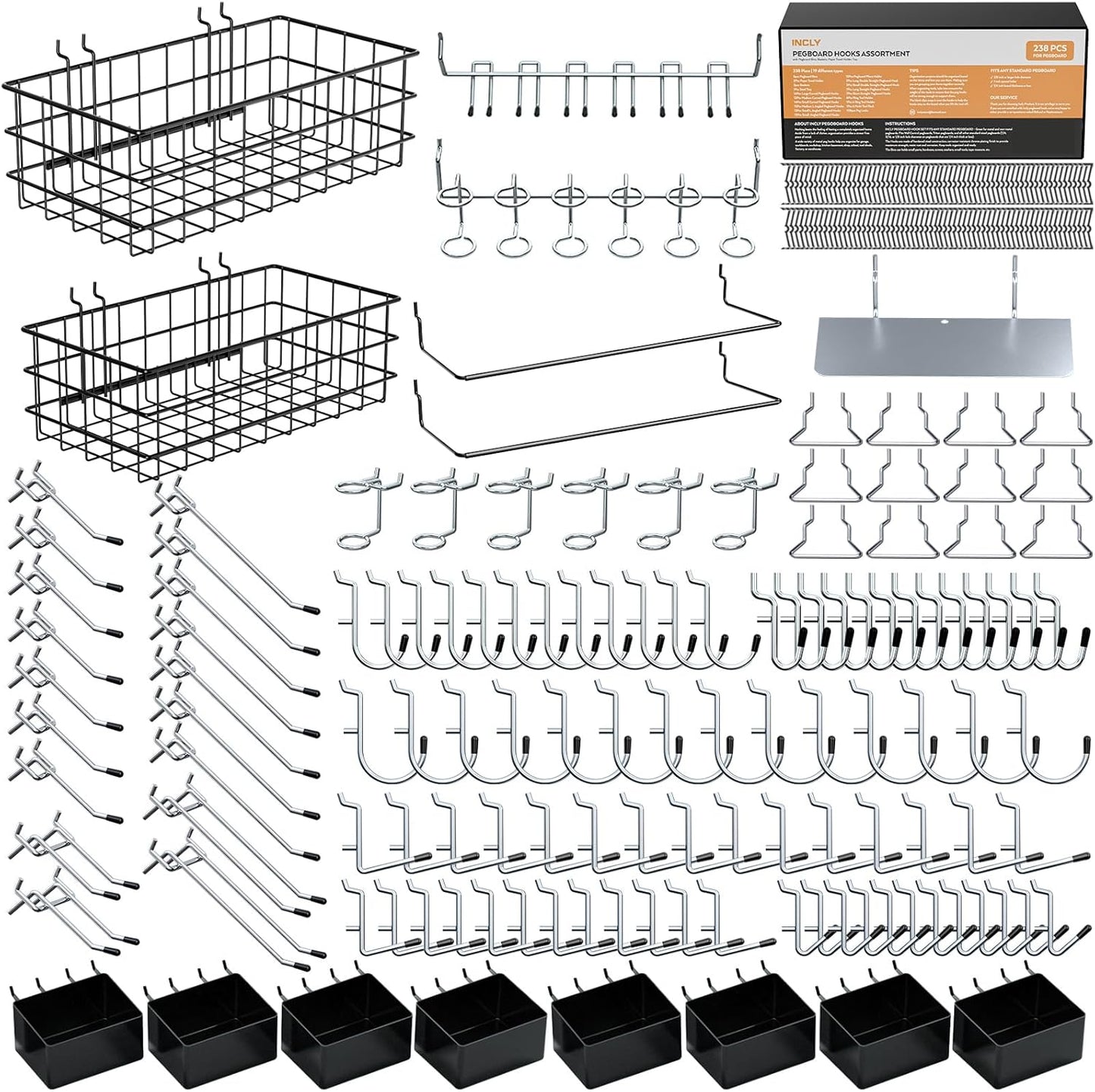INCLY 238PCS Pegboard Accessories Organizer Kit, Peg Board Hooks Assortment with Peg Bins, Baskets, Paper Towel Holder for 1/8 and 1/4 inch Pegboard Hanging Tools, Garage Wall Storage Attachments