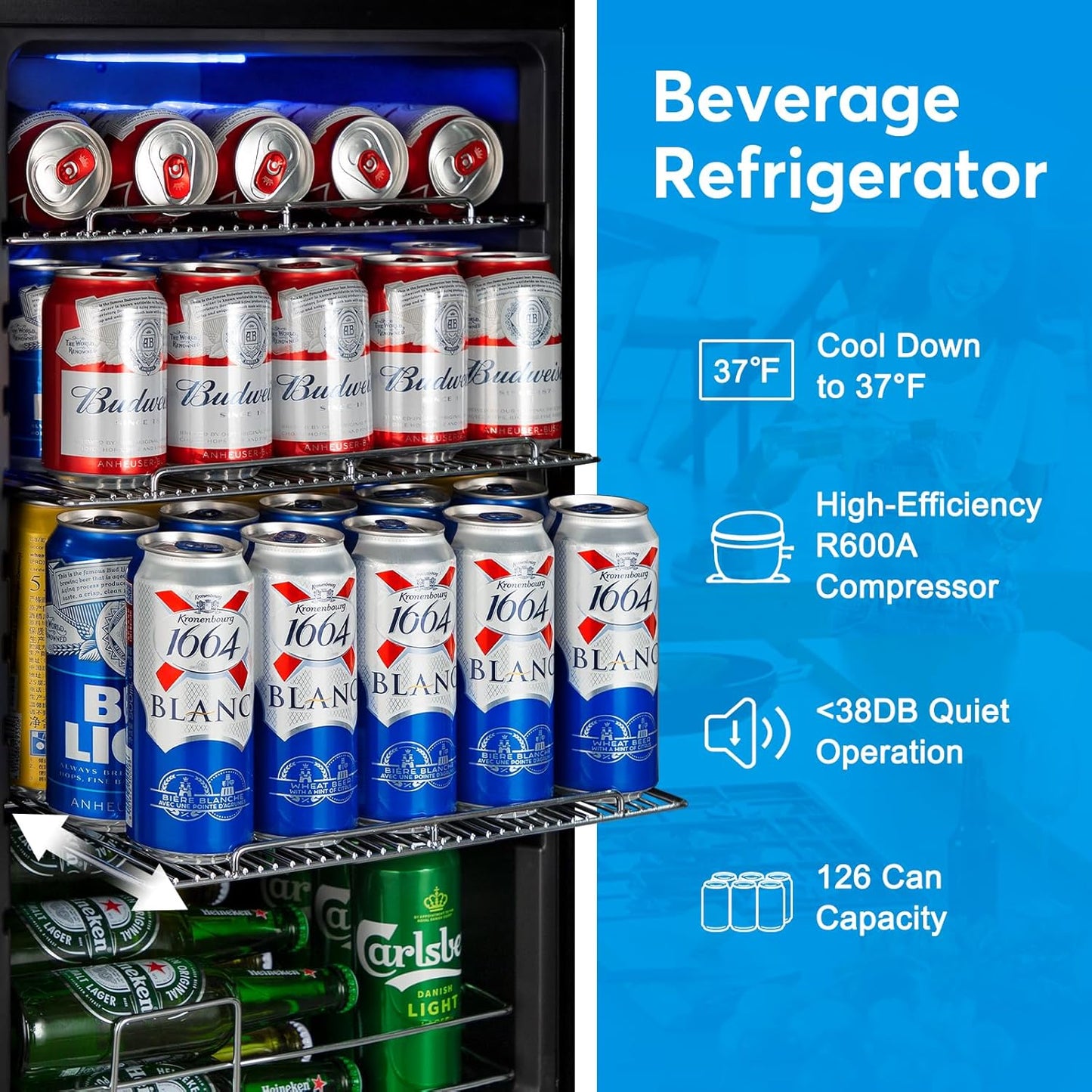 Beverage Refrigerator 17 inch Wide - 126 Can Beverage Cooler with Glass Door | Counter-Top/Freestanding Mini Beverage Beer Fridge | Temperature Memory | Invisible Door | Perfect for Soda,Beer