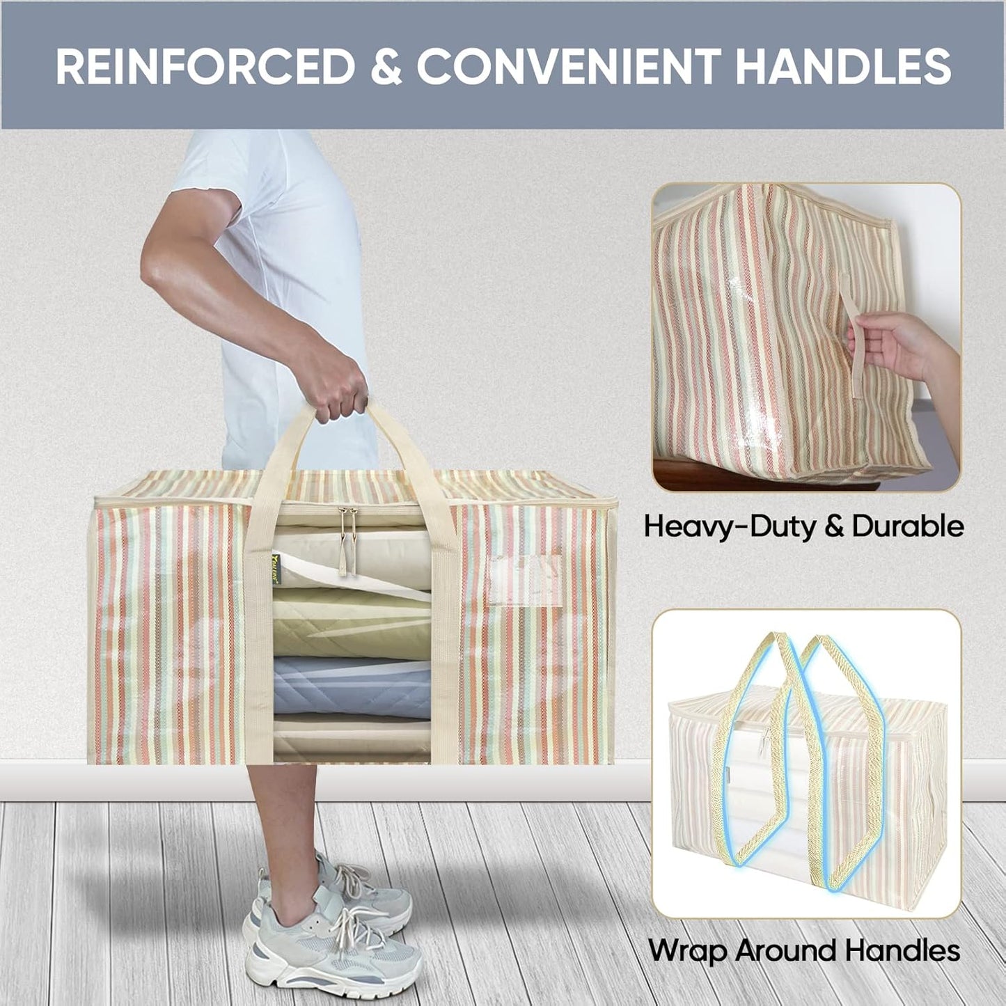 BALEINE 4-Pack Oversized Moving Bags with Reinforced Handles, Heavy-Duty Storage Tote Moving Supplies for Packaging, Camping (Color Stripe, 4-Pack)