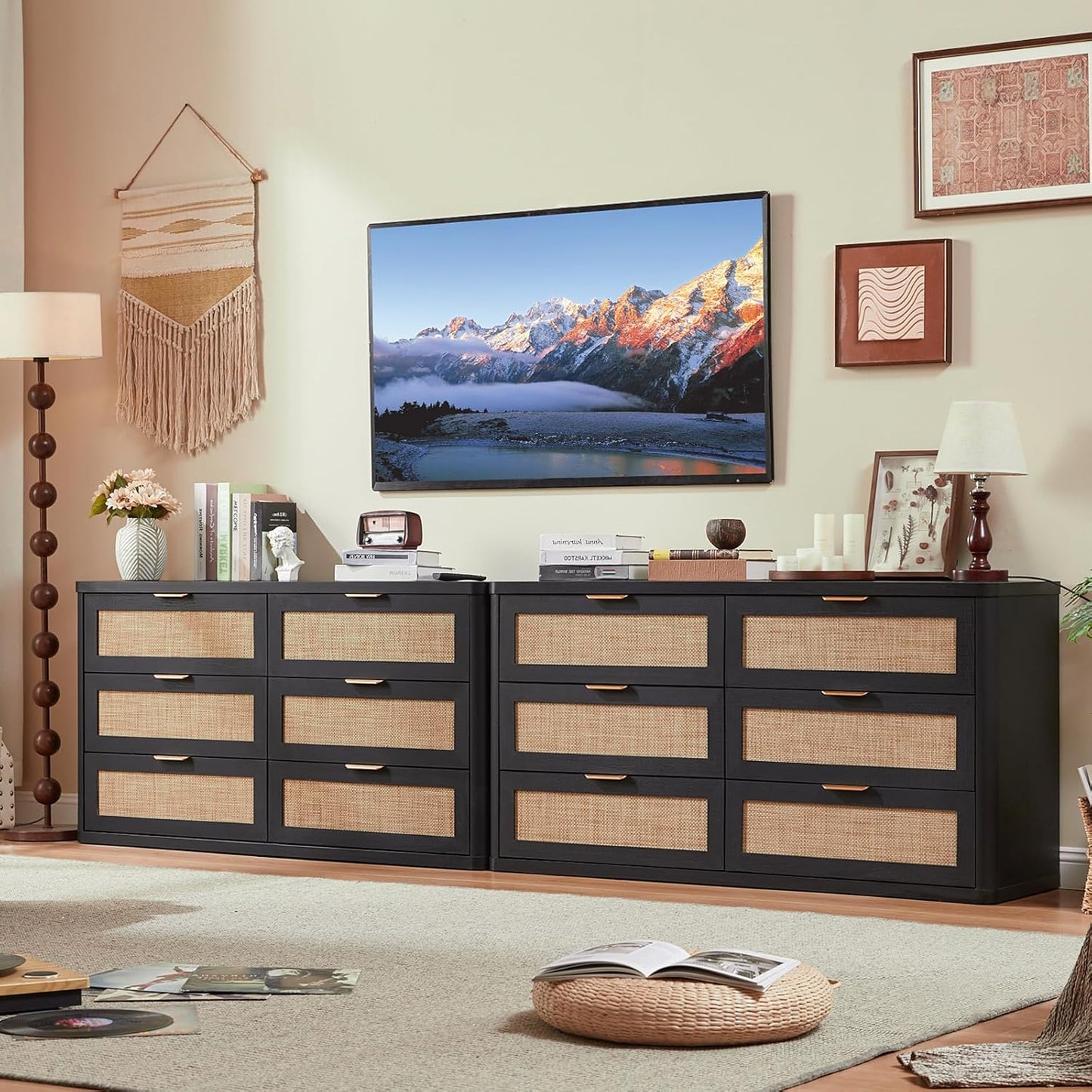 LEYAOYAO Rattan 6 Drawer Dresser for Bedroom Set of 2, Boho 54" Wide Black Dresser Chest of Drawers, Dressers TV Stand with Metal Handle, Storage Dressers Closet Organizer for Living Room, Hallway