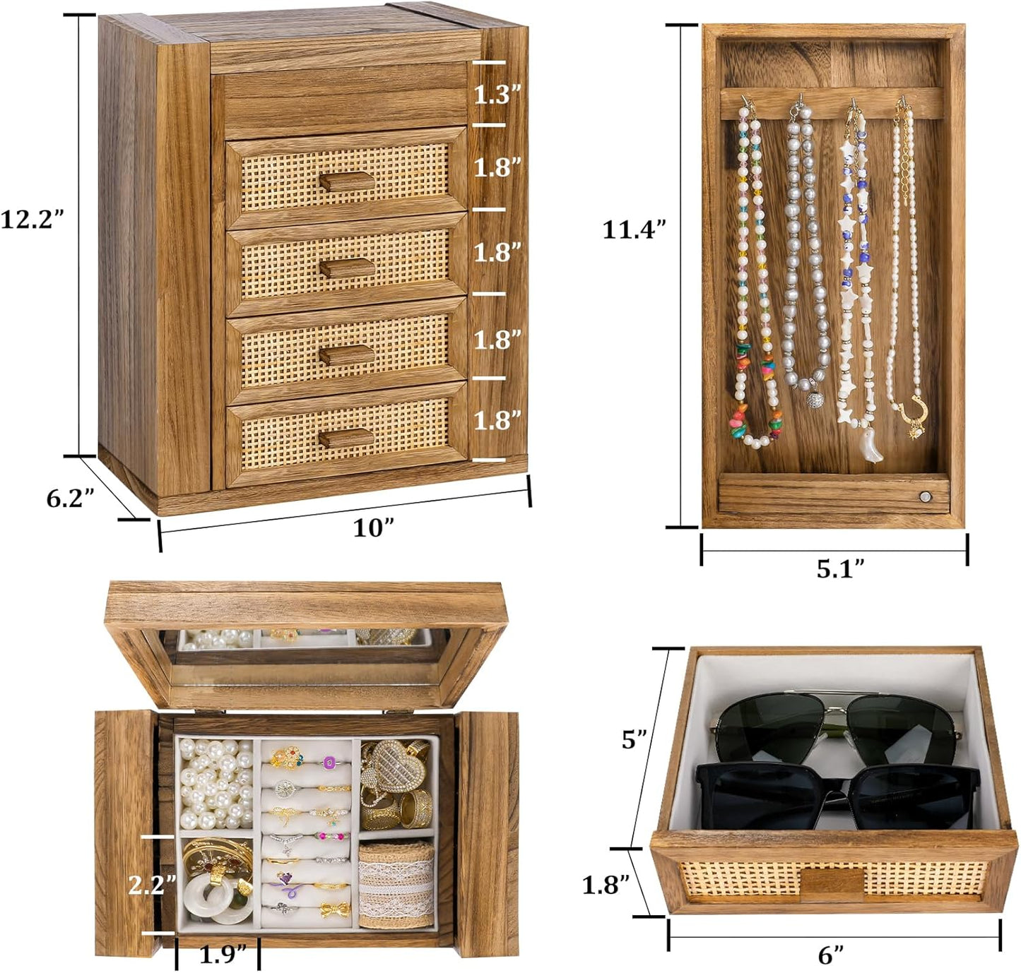 Jewelry Organizer, Rattan Jewelry Box, 5 Layer Wooden Jewelry Organizer Box with Mirror, Jewelry Boxes with 4 Drawers for Women Men, Jewelry Storage for Rings Earrings Necklaces Bracelets Watch
