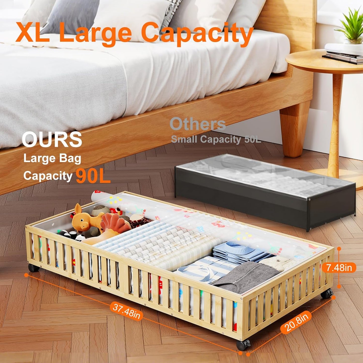 Bamboo Under Bed Storage Containers with Wheels, 40L UnderBed Drawers with Dust Bag, Breathable Under Bed Shoe Storage, Rolling UnderBed Clothes Storage, 1Pack