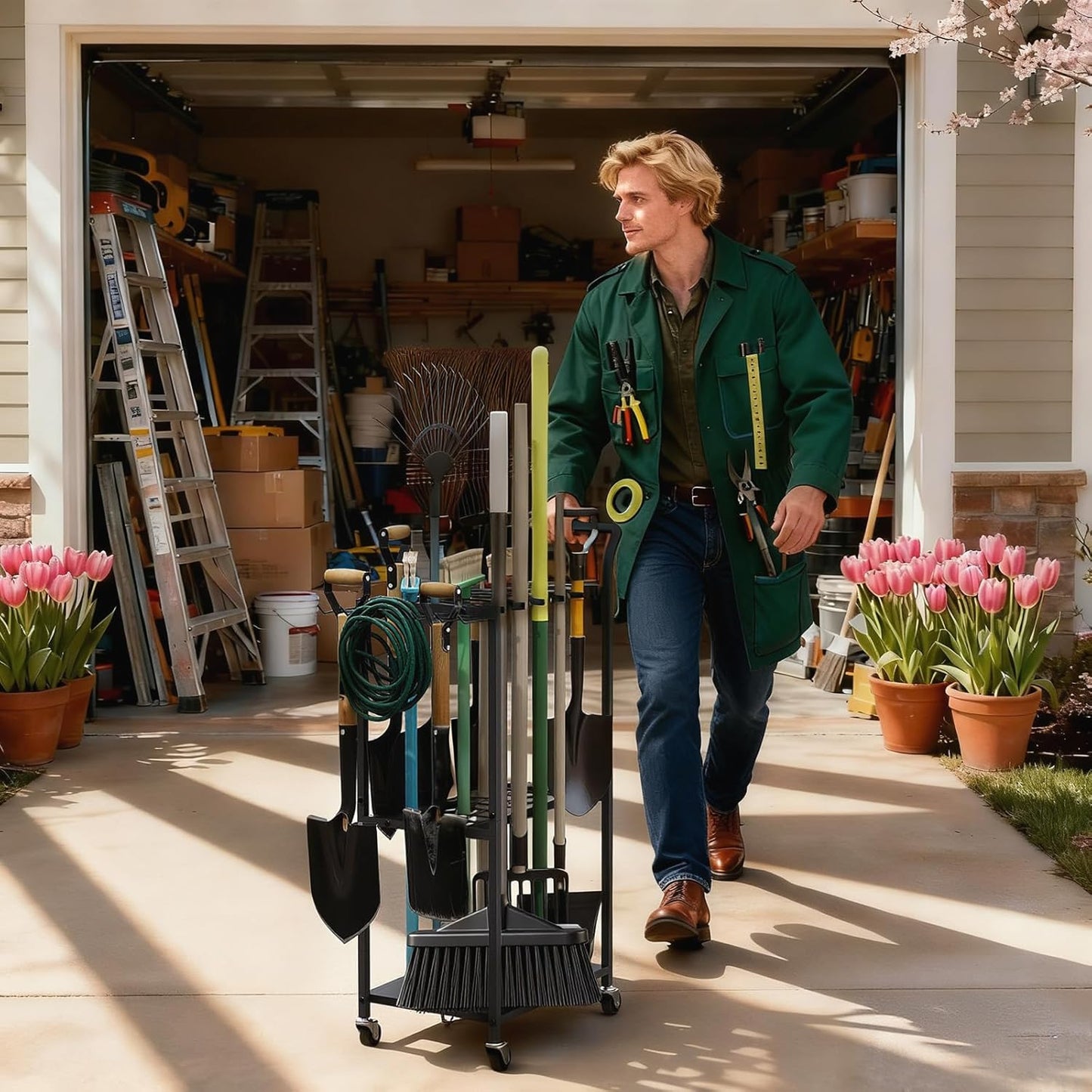 Garden Tool Organizer with Wheels, Heavy Duty Rolling Yard Tool Rack with 14 Hooks & 5 Slots, 3-Tier Metal Cart Holds 50+ Rakes/Shovels/Brooms, Mobile Lawn Storage for Garage Shed Outdoor