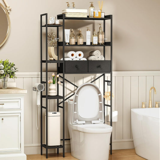 Over The Toilet Storage Shelf with Drawer, 3-Tier Above Toilet Bathroom Organizer with 4 Adjustable Side Shelves, Space Saver Freestanding Rack with Holder & Hook for Laundry Kitchen (Black)