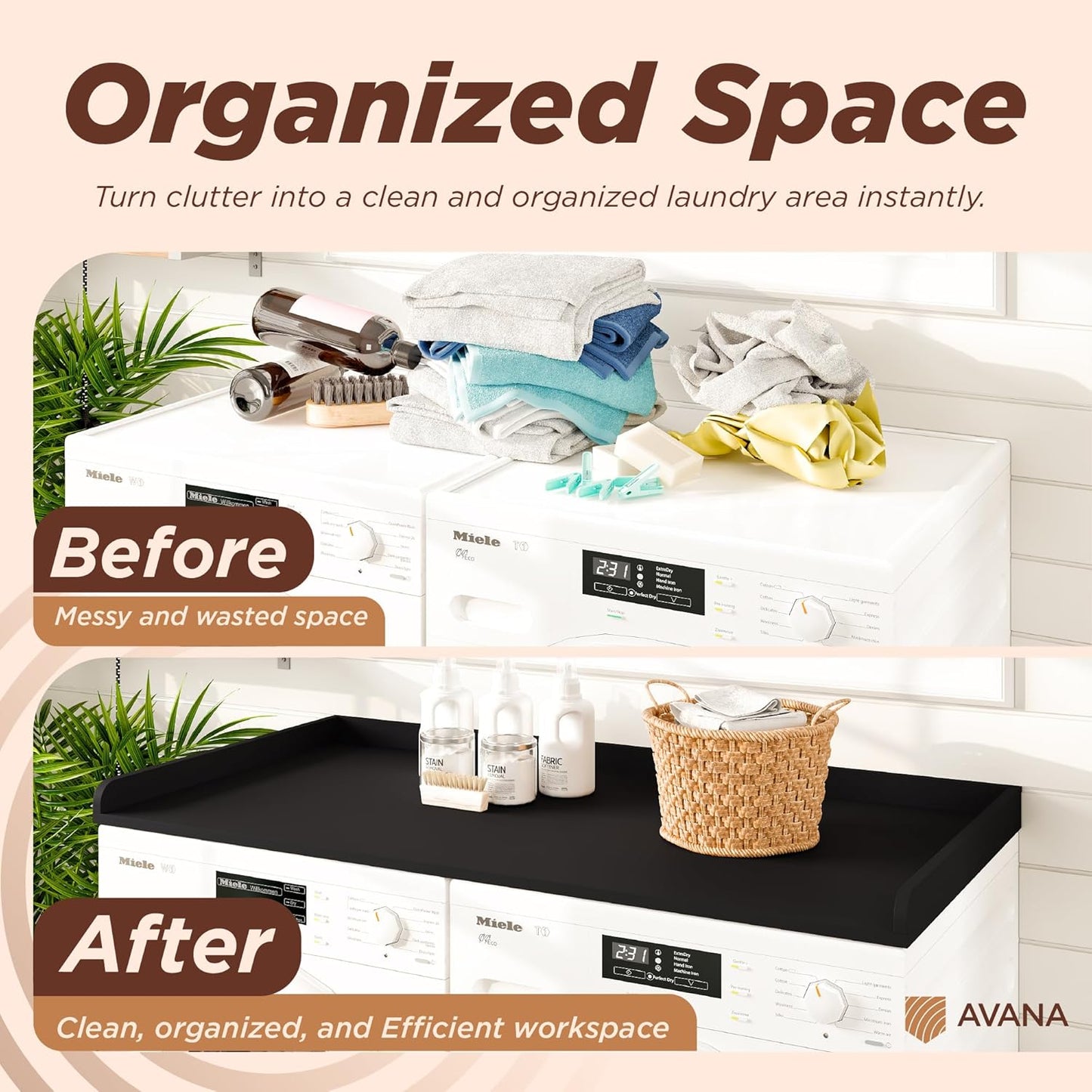 Avana (100% Natural Solid Wood Washer Dryer Countertop – Black Pine Laundry Countertop with Raised Edges, 54” x 27.5” Counter Top for Washer and Dryer, Laundry Room Organizer & Tabletop