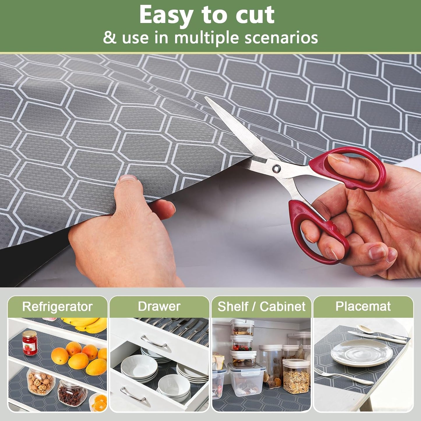 Non-Adhesive Shelf Liner Roll - Waterproof No-Slip Drawer & Cabinet Mat for Kitchen, Refrigerator, Bathroom, Easy to Cut EVA Drawer & Shelf Liners, 12" x 118", Grey